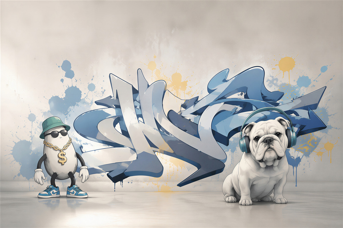 Fototapeta graffiti na ścianie ze zdjęciem psa w słuchawkach