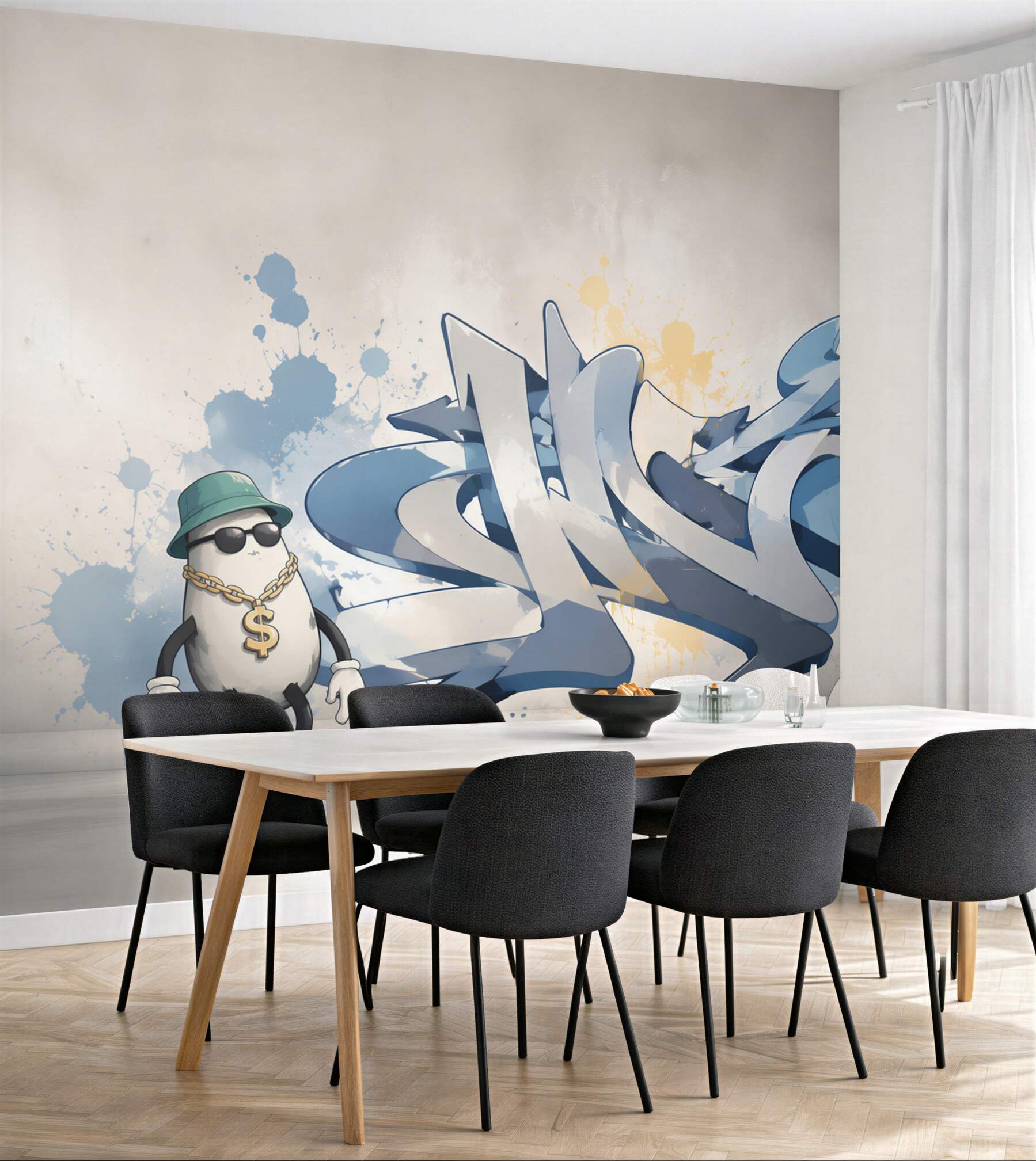 Fototapeta graffiti na ścianie ze zdjęciem psa w słuchawkach