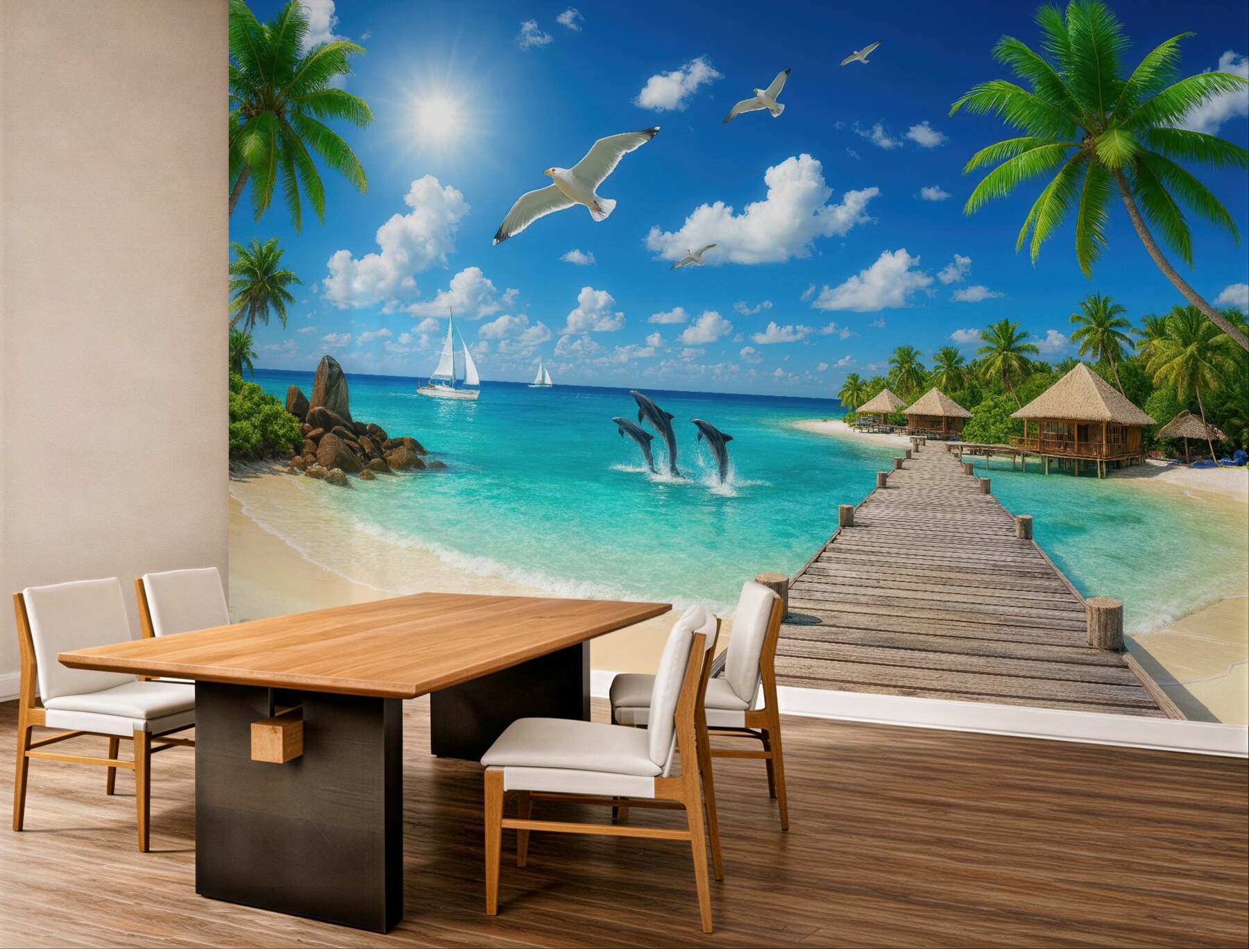 Fototapeta rajska plaża z delfinami i pomostem