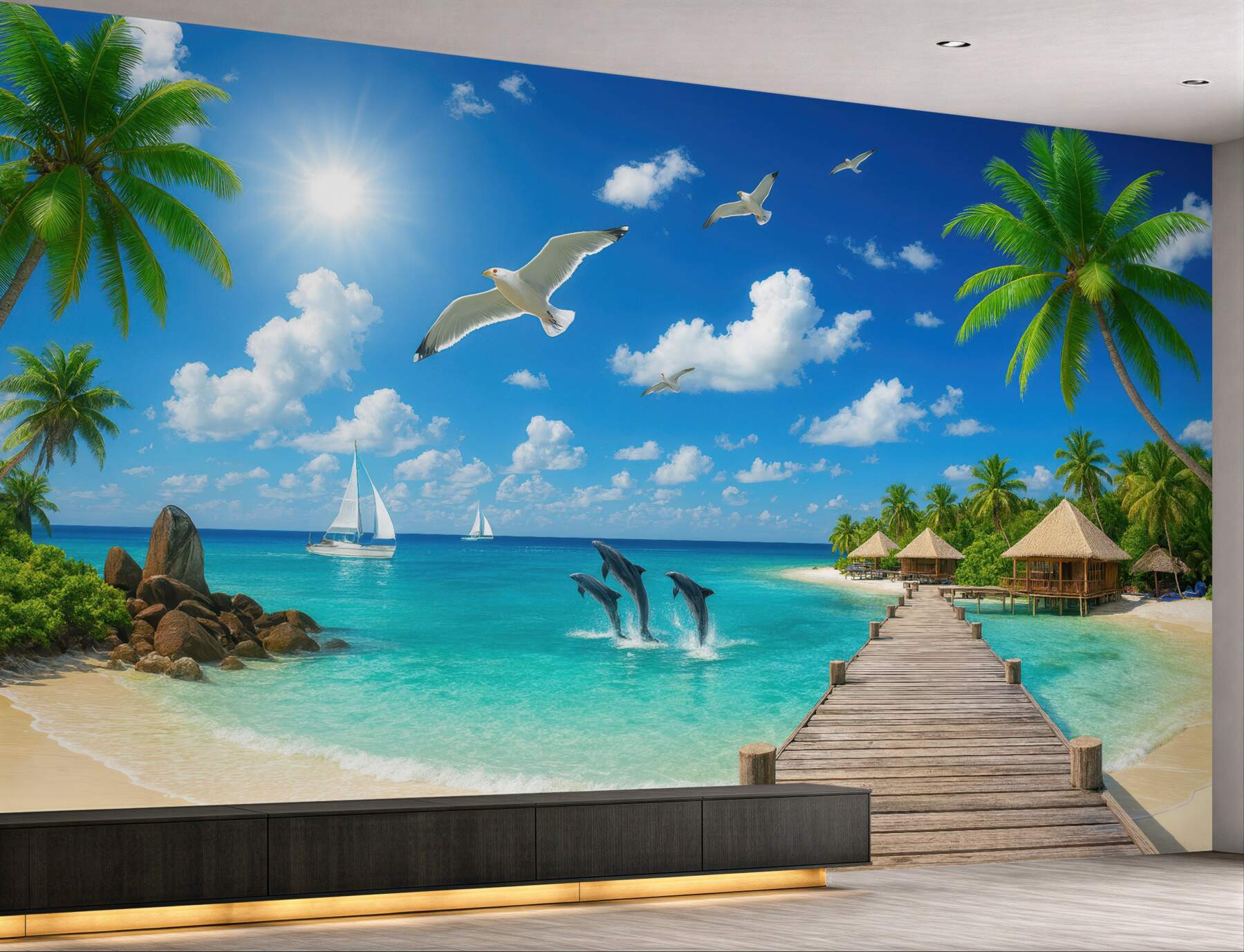 Fototapeta rajska plaża z delfinami i pomostem