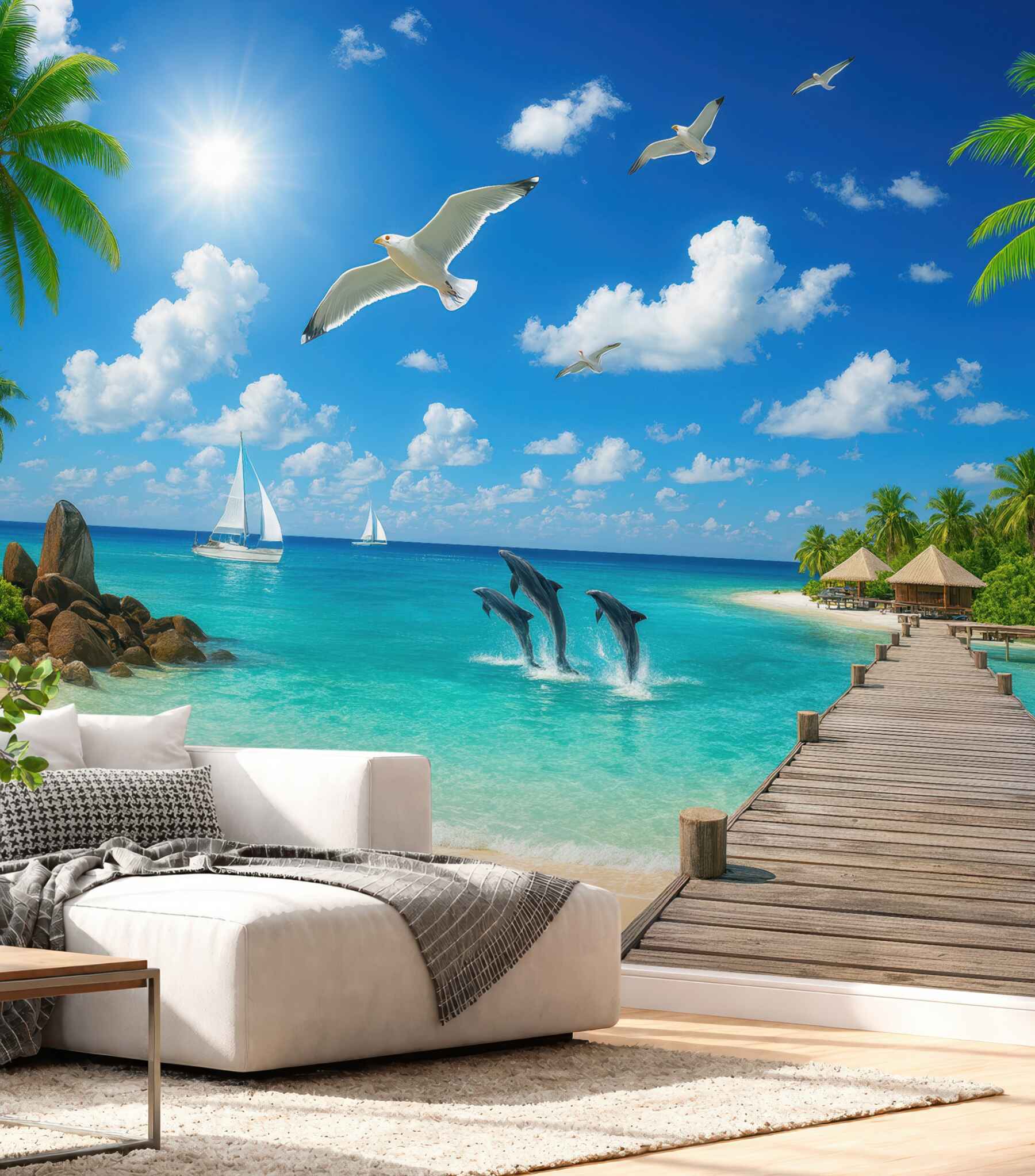 Fototapeta rajska plaża z delfinami i pomostem