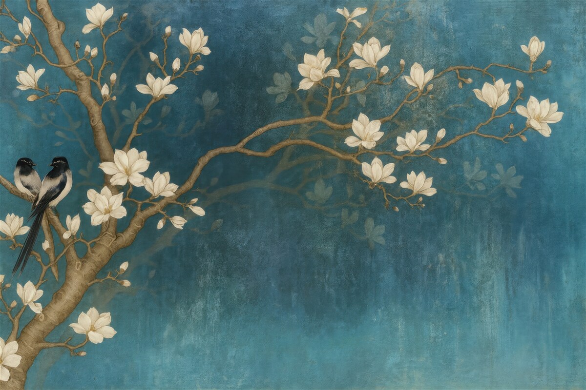 Fototapeta magnolie i ptaki na turkusie