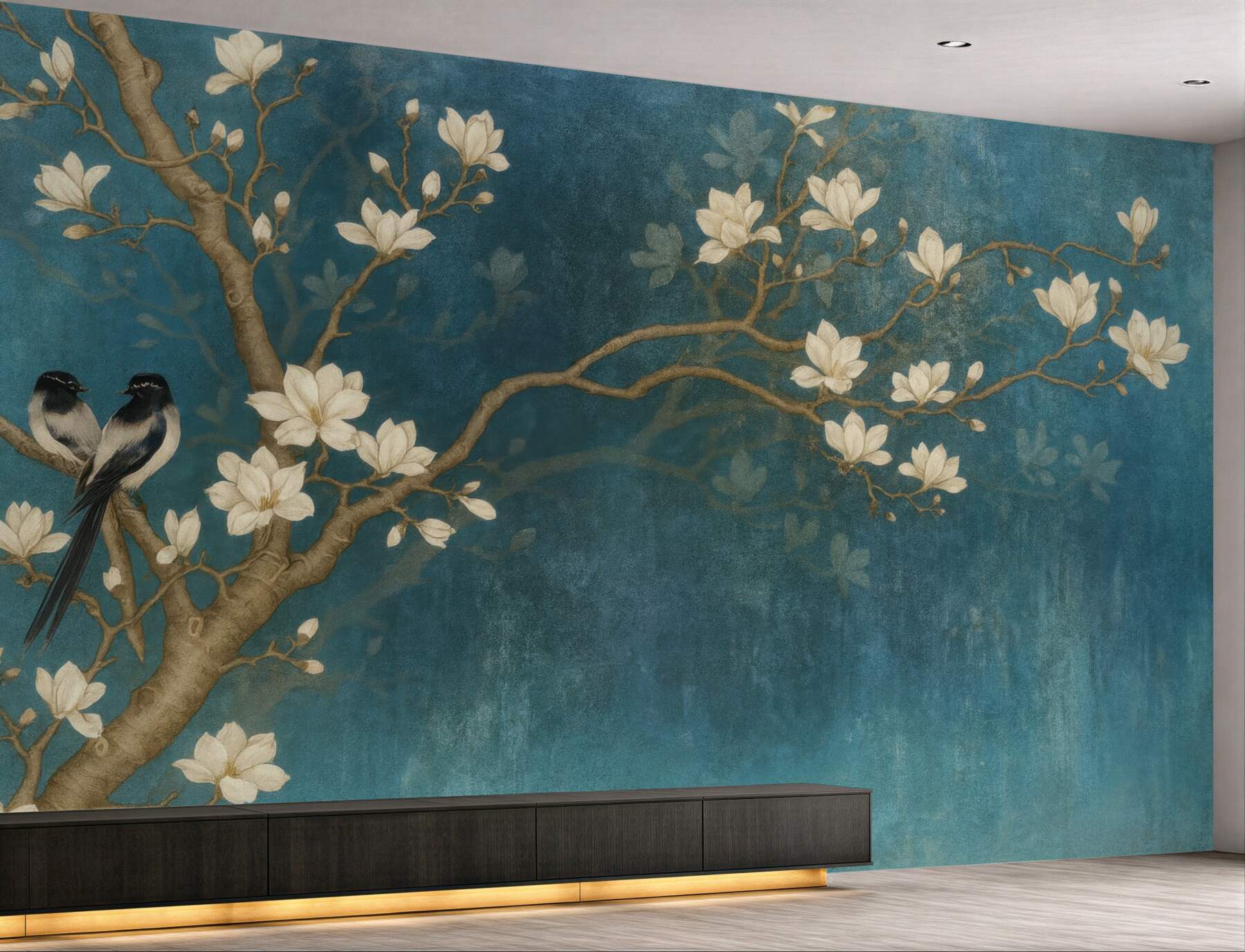Fototapeta magnolie i ptaki na turkusie