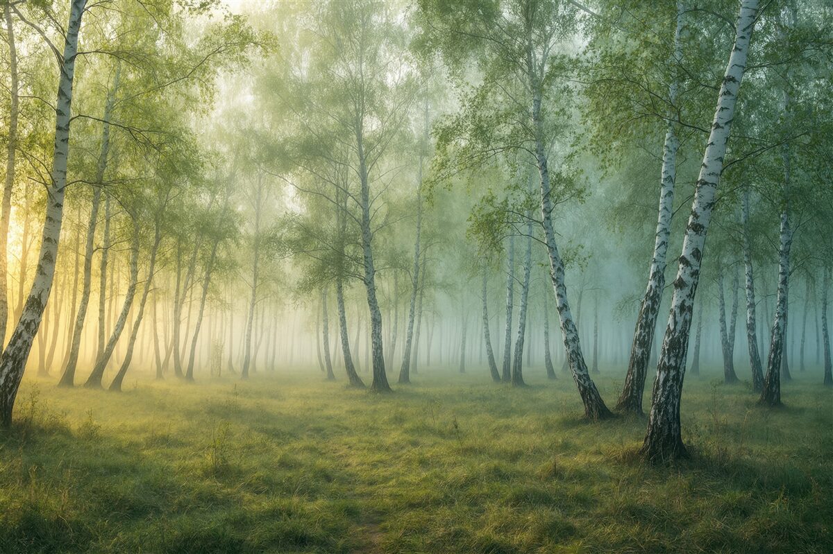 Fototapeta mglisty brzozowy las o świcie