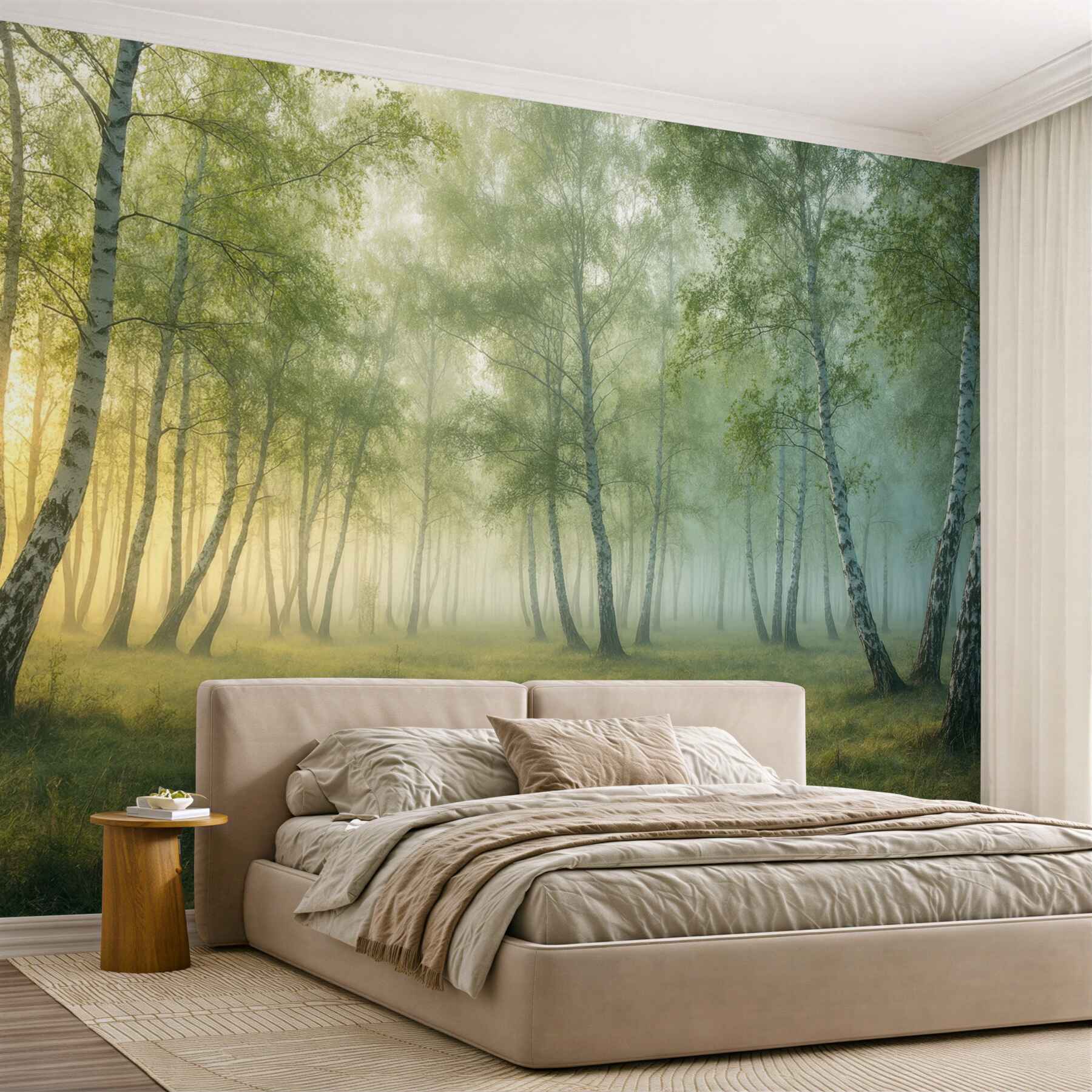 Fototapeta mglisty brzozowy las o świcie