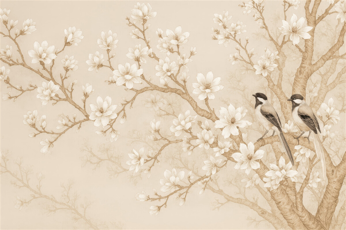 Fototapeta kwiecista magnolia z ptakami vintage