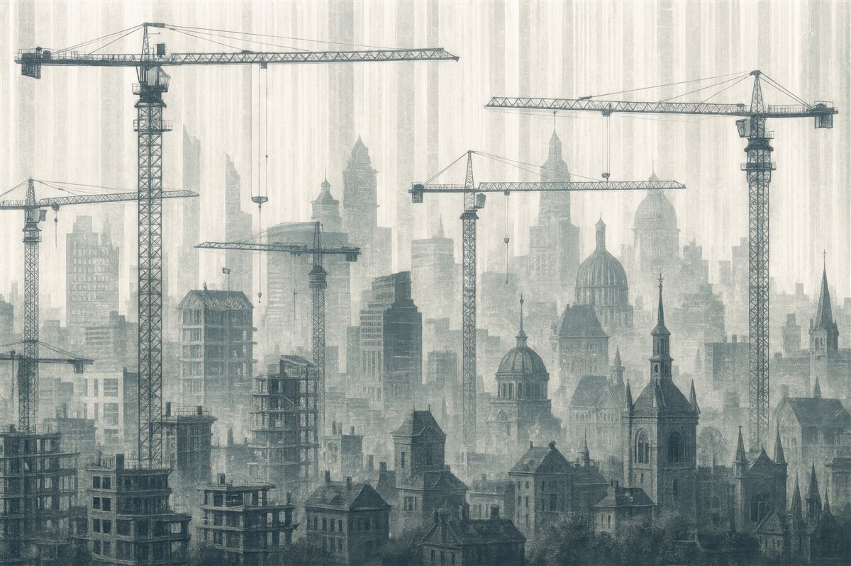 Fototapeta mgliste miasto z dźwigami i wieżami