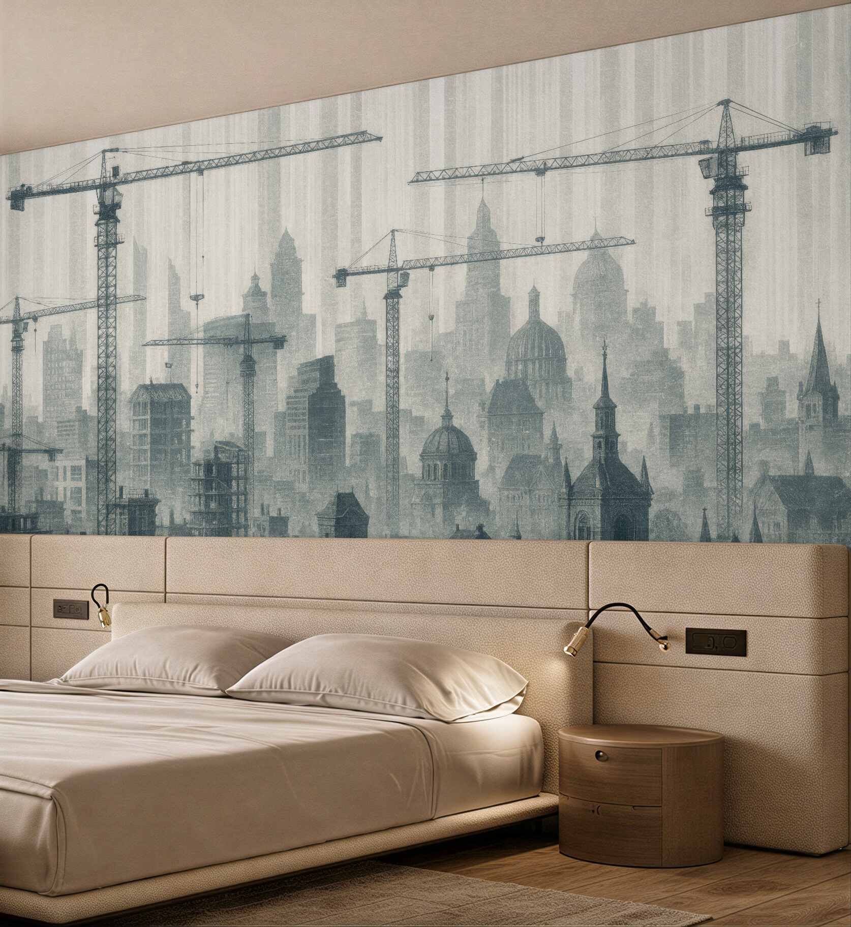 Fototapeta mgliste miasto z dźwigami i wieżami