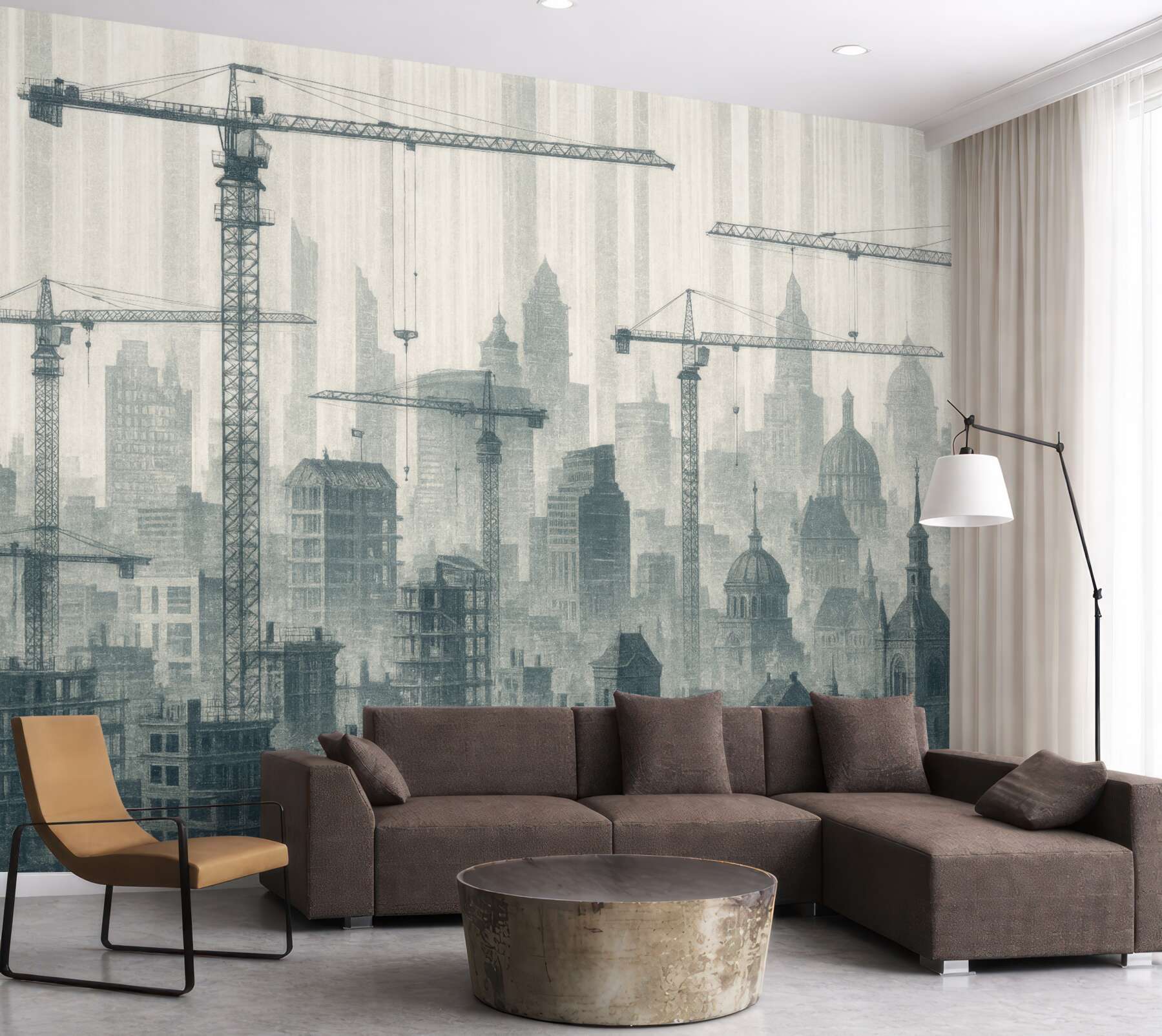 Fototapeta mgliste miasto z dźwigami i wieżami