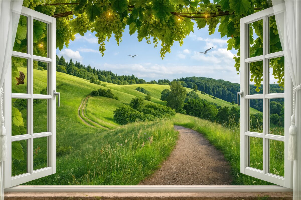 Fototapeta zielone wzgórza za oknem w winorośli