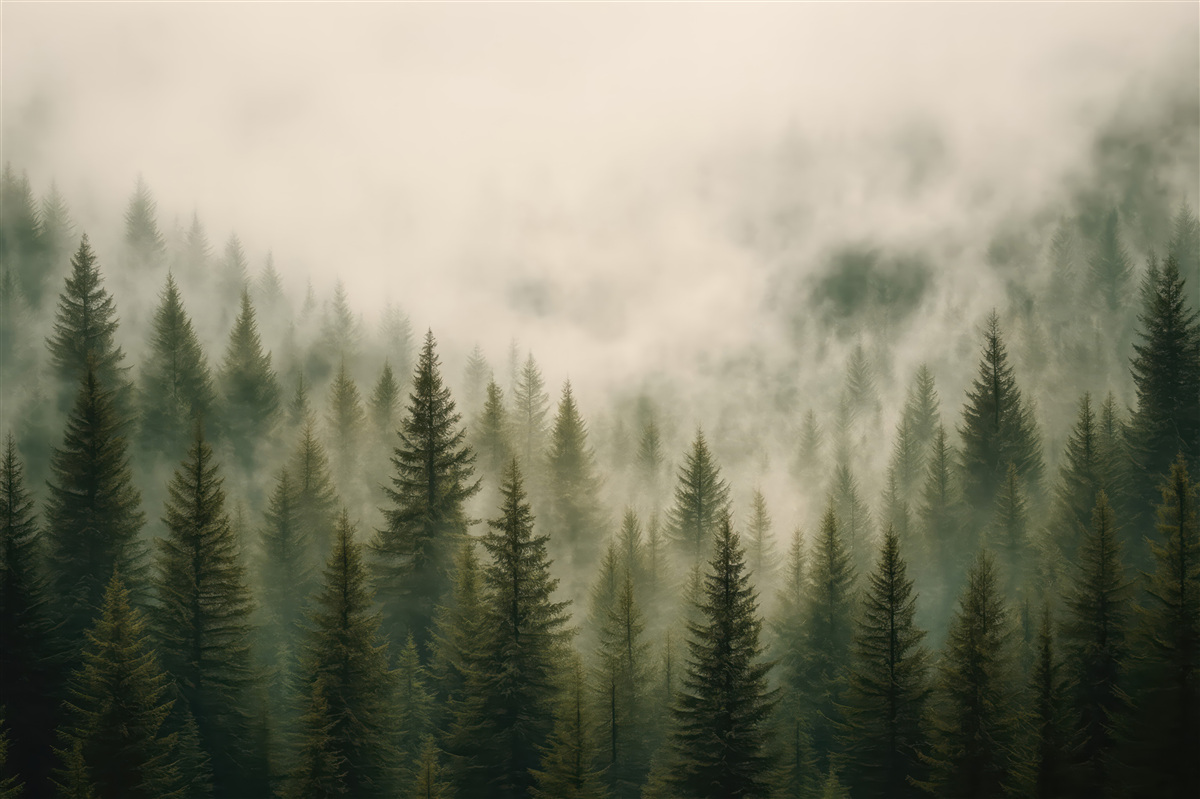 Fototapeta leśna mgła nad spokojnym borem