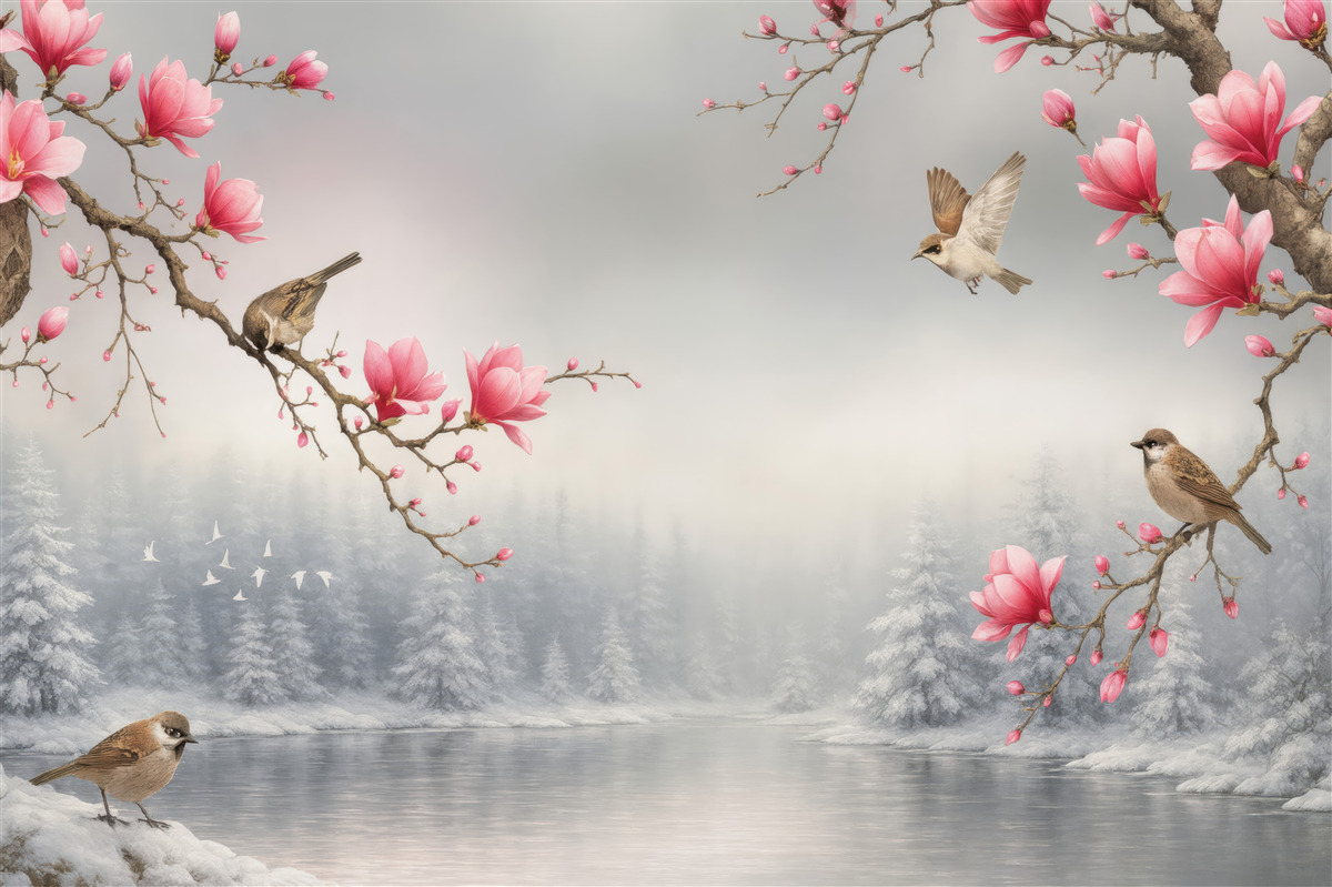 Fototapeta różowe magnolie i ptaki nad jeziorem