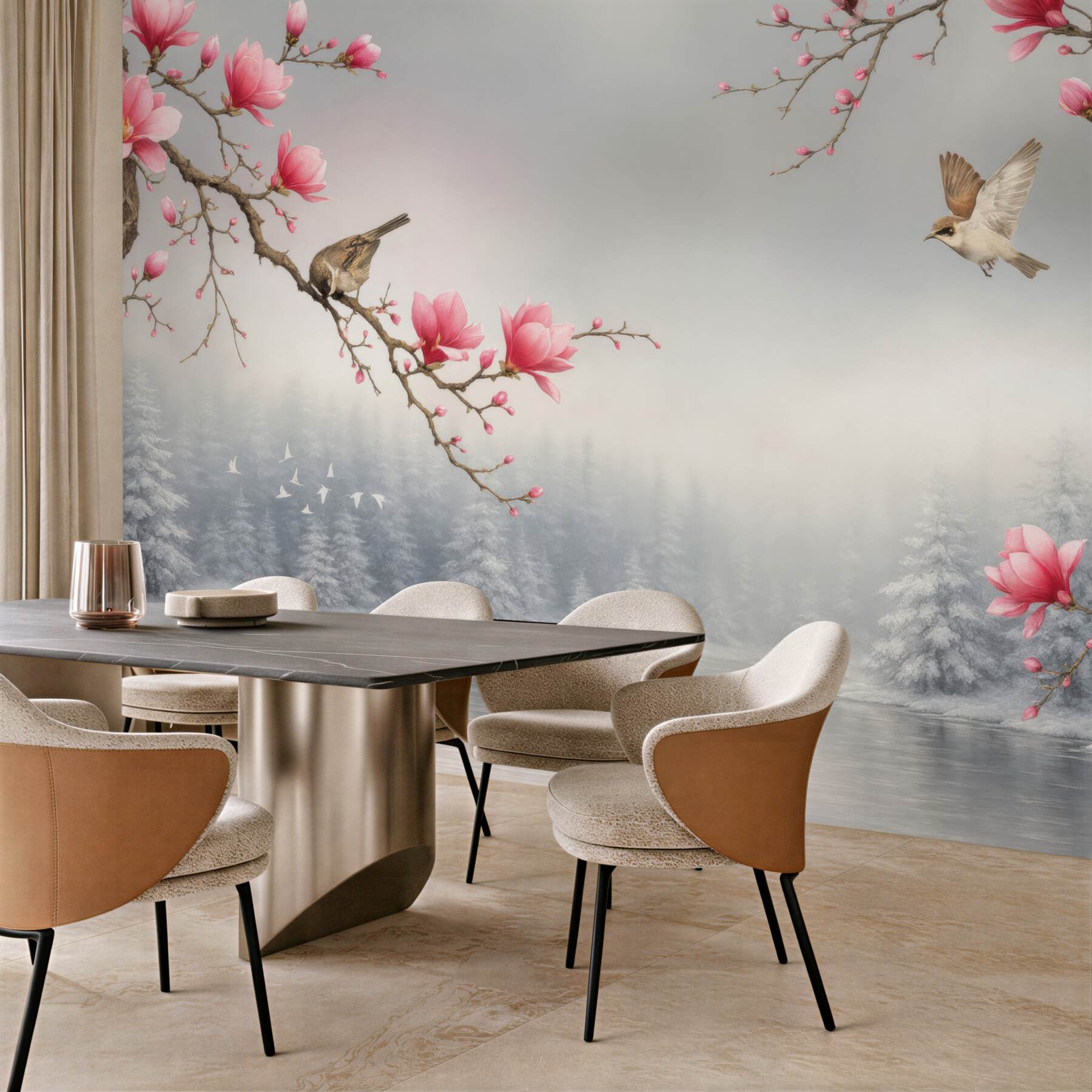 Fototapeta różowe magnolie i ptaki nad jeziorem