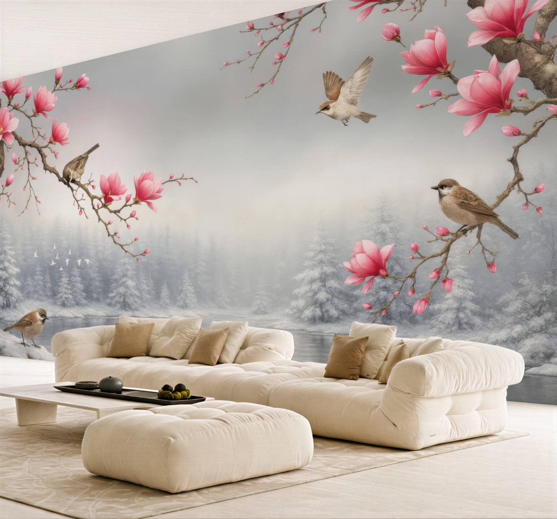 Fototapeta różowe magnolie i ptaki nad jeziorem