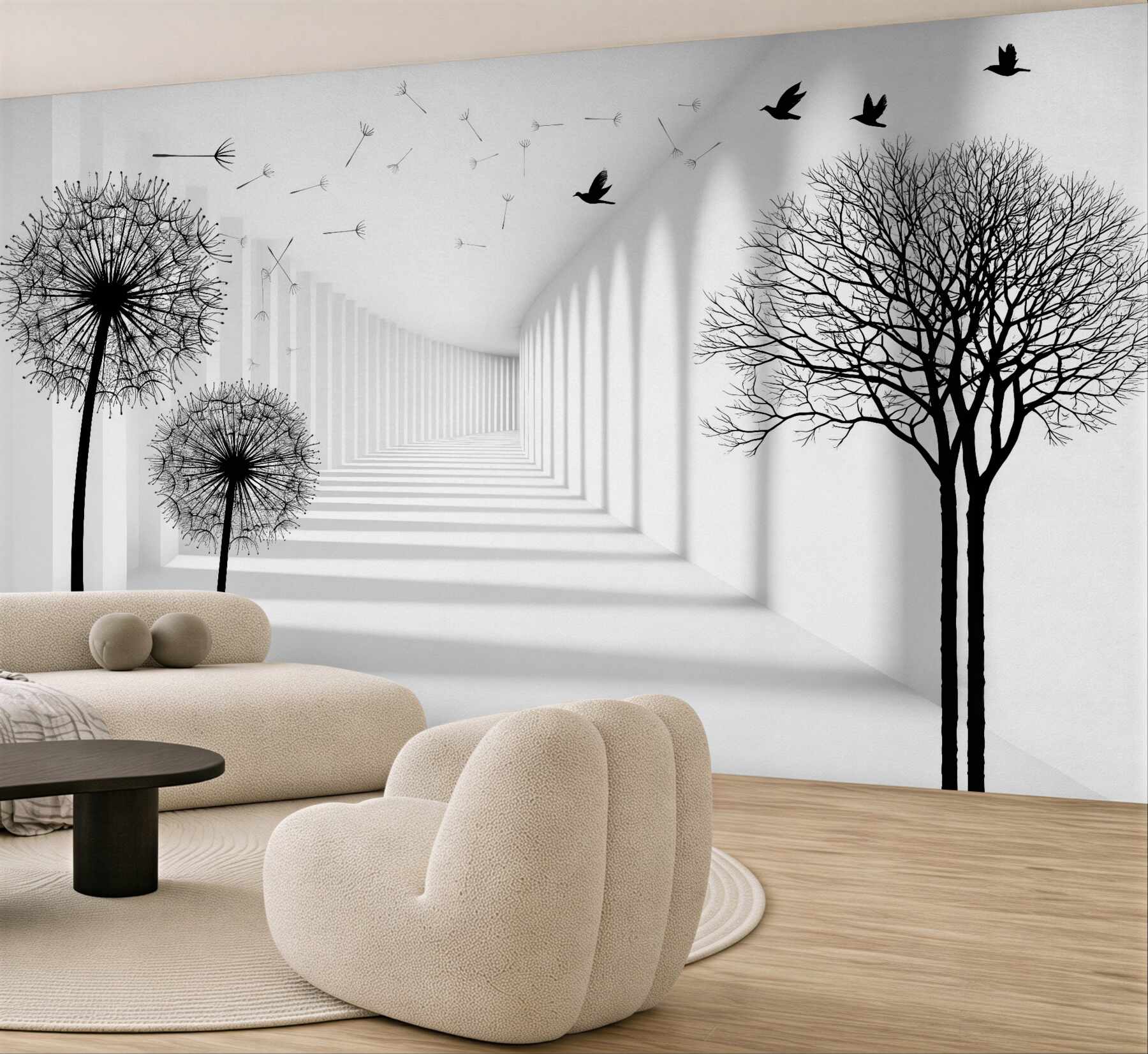 Fototapeta minimalistyczny korytarz z dmuchawcami i drzewem