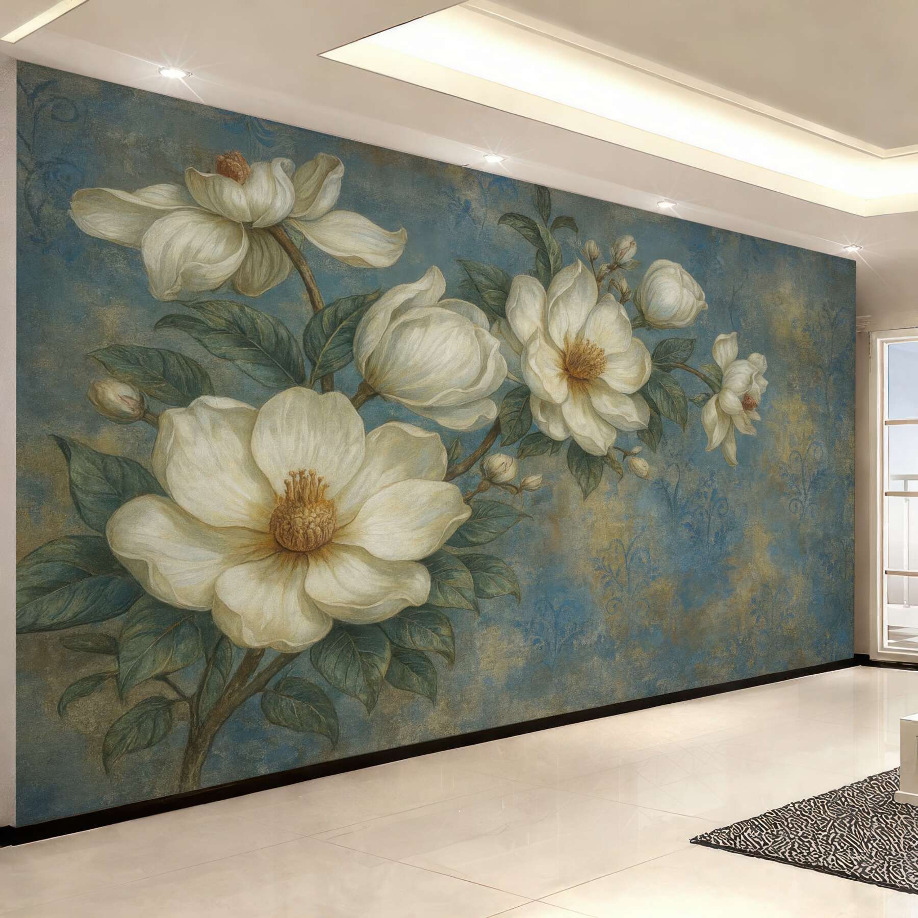 Fototapeta kremowe magnolie na błękitnym tle