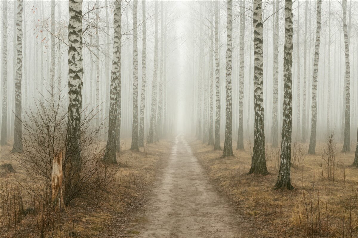 Fototapeta leśna ścieżka wśród brzóz we mgle