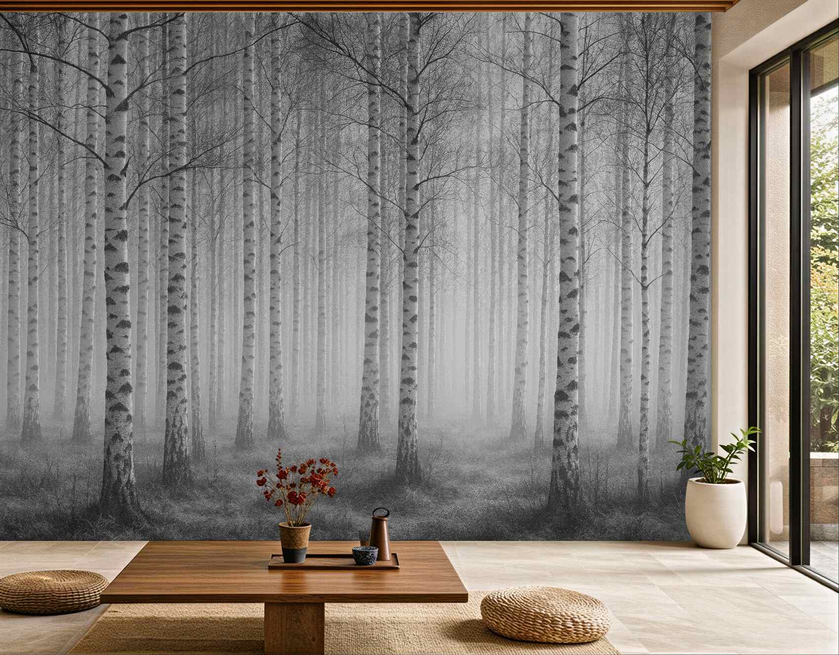 Fototapeta mglisty brzozowy las w szarościach