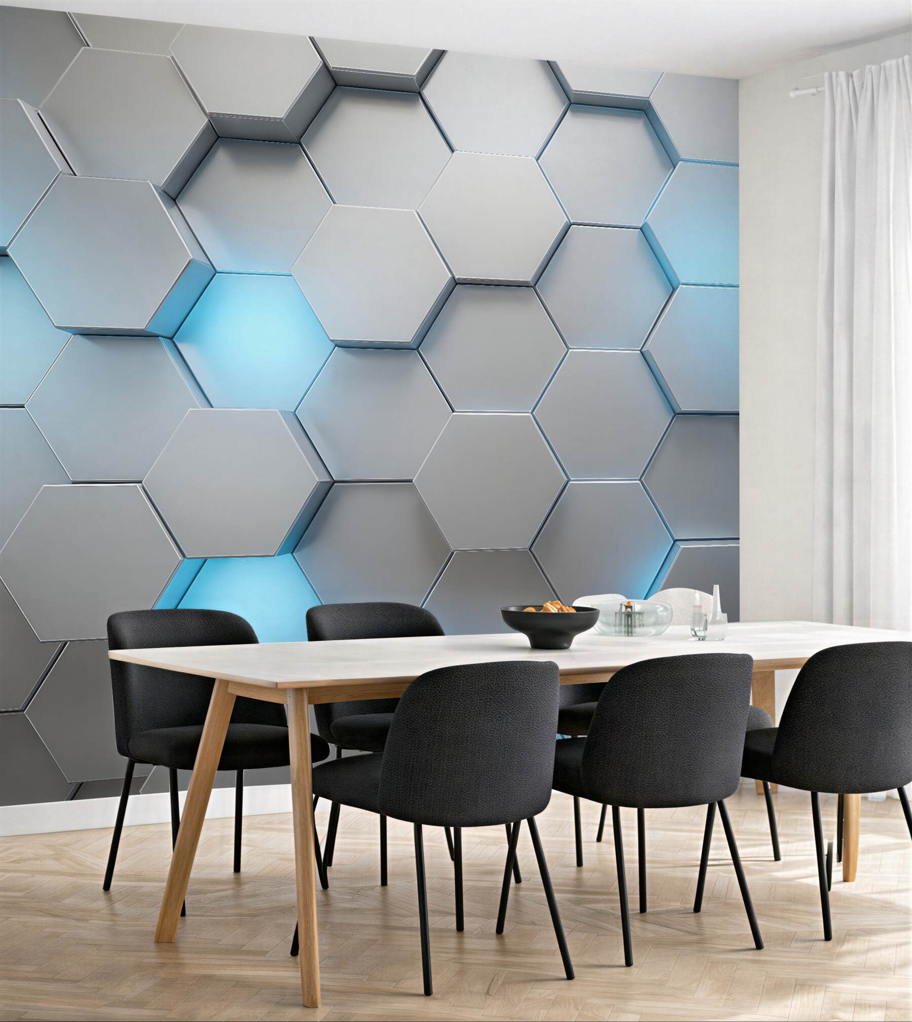 Fototapeta geometryczne heksagony z błękitnym światłem