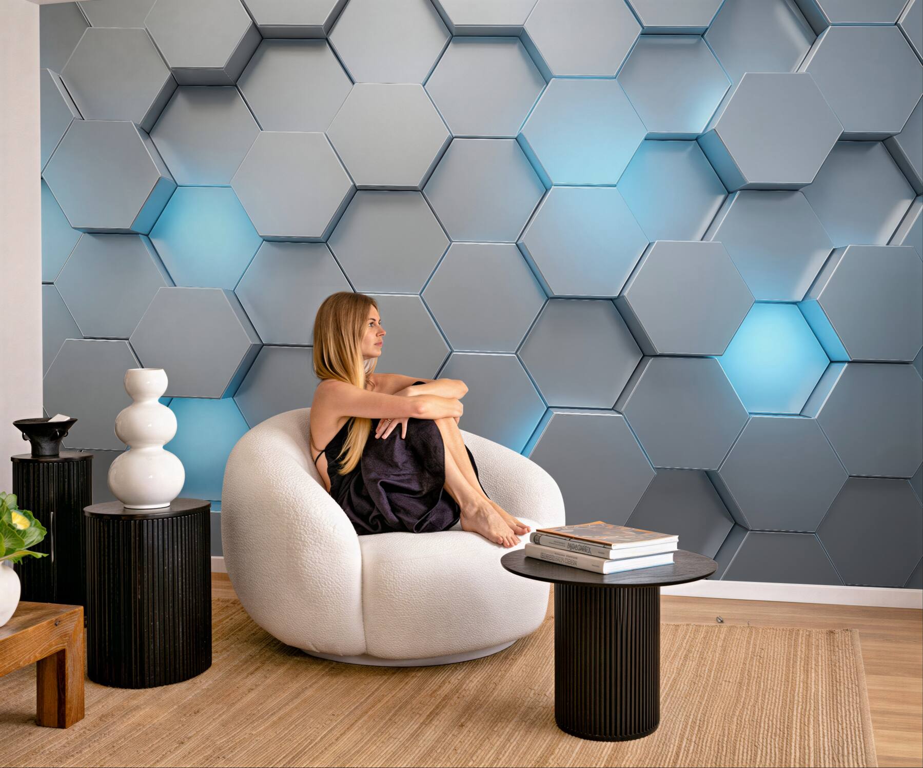 Fototapeta geometryczne heksagony z błękitnym światłem