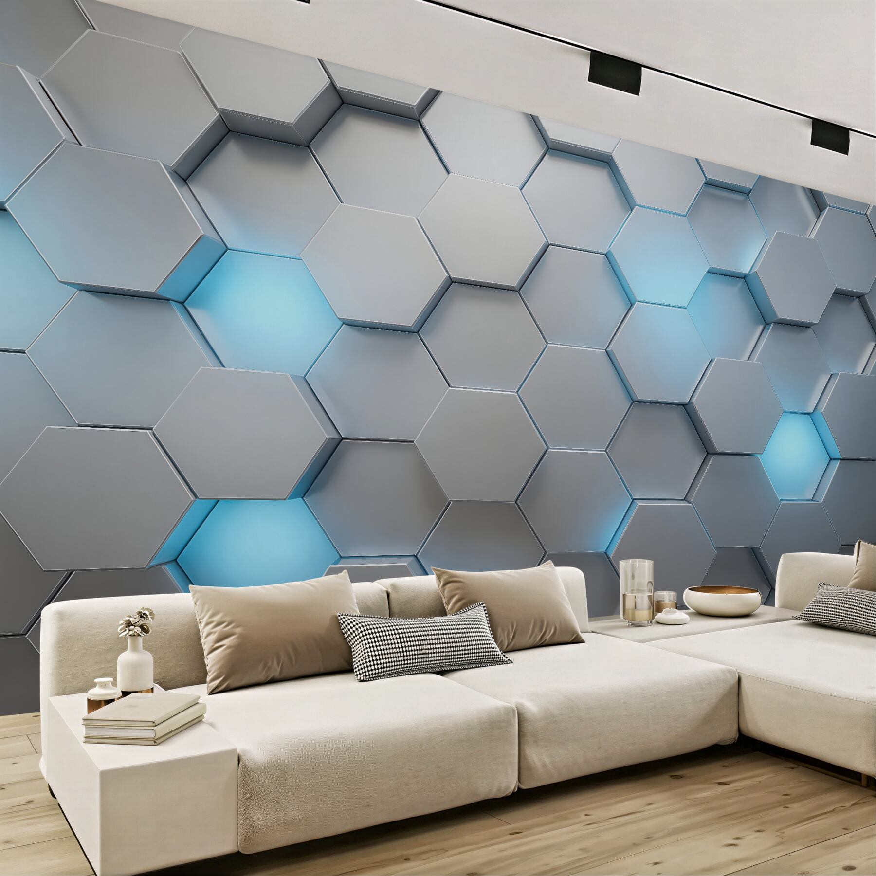Fototapeta geometryczne heksagony z błękitnym światłem