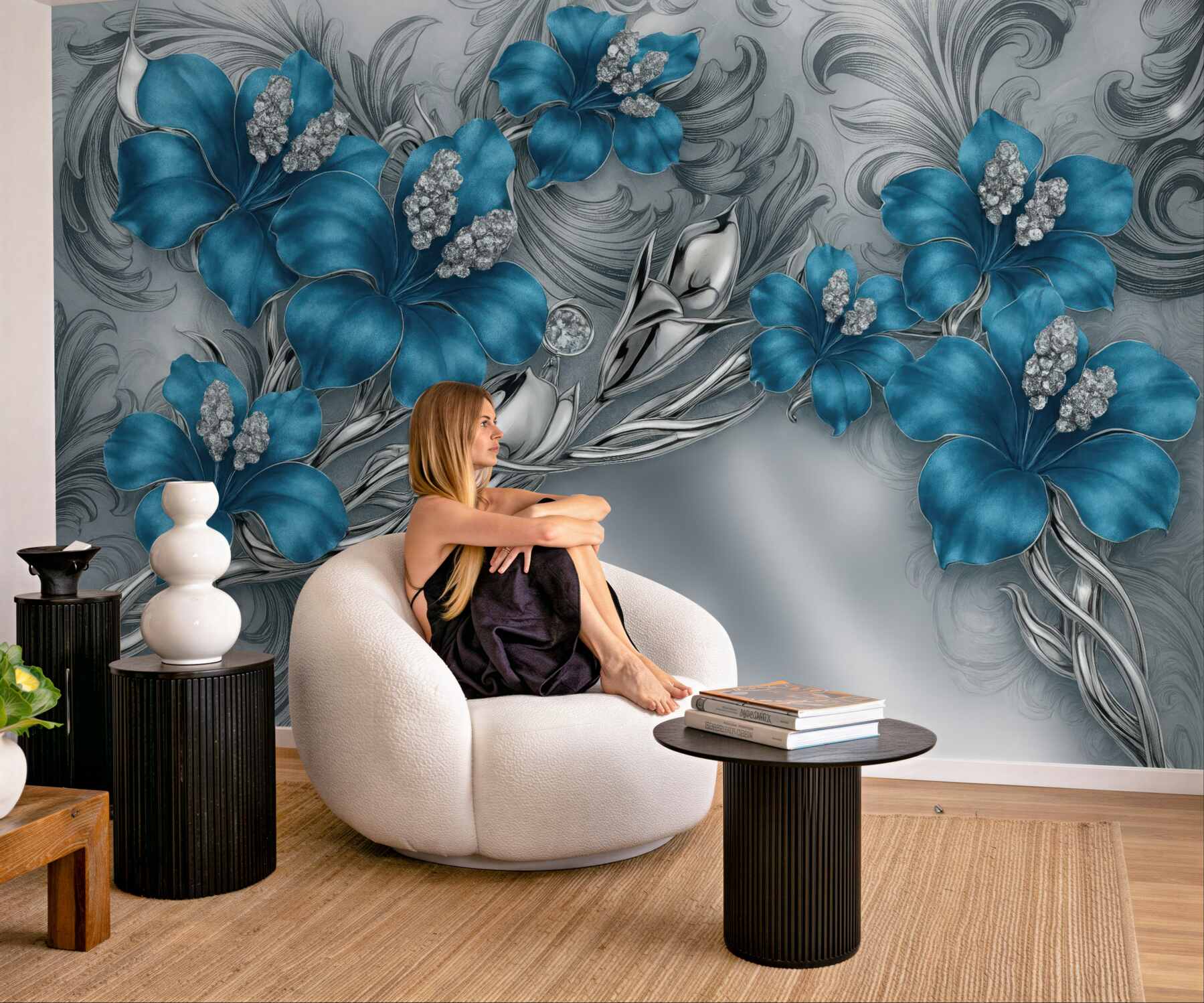 Fototapeta niebieskie kwiaty w srebrnej elegancji