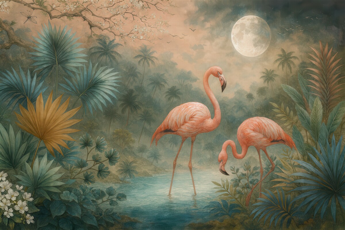 Fototapeta flamingi w księżycowej tropikalnej lagunie