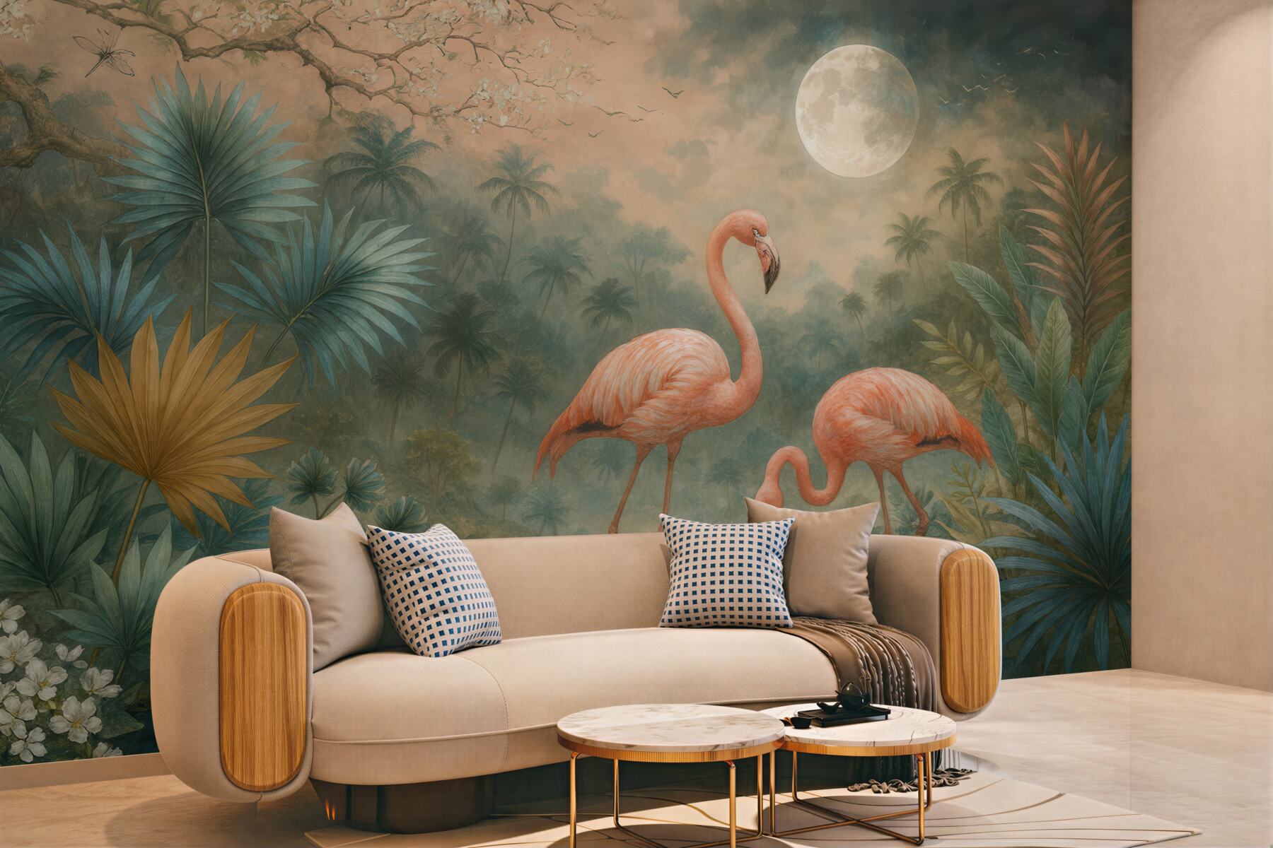 Fototapeta flamingi w księżycowej tropikalnej lagunie
