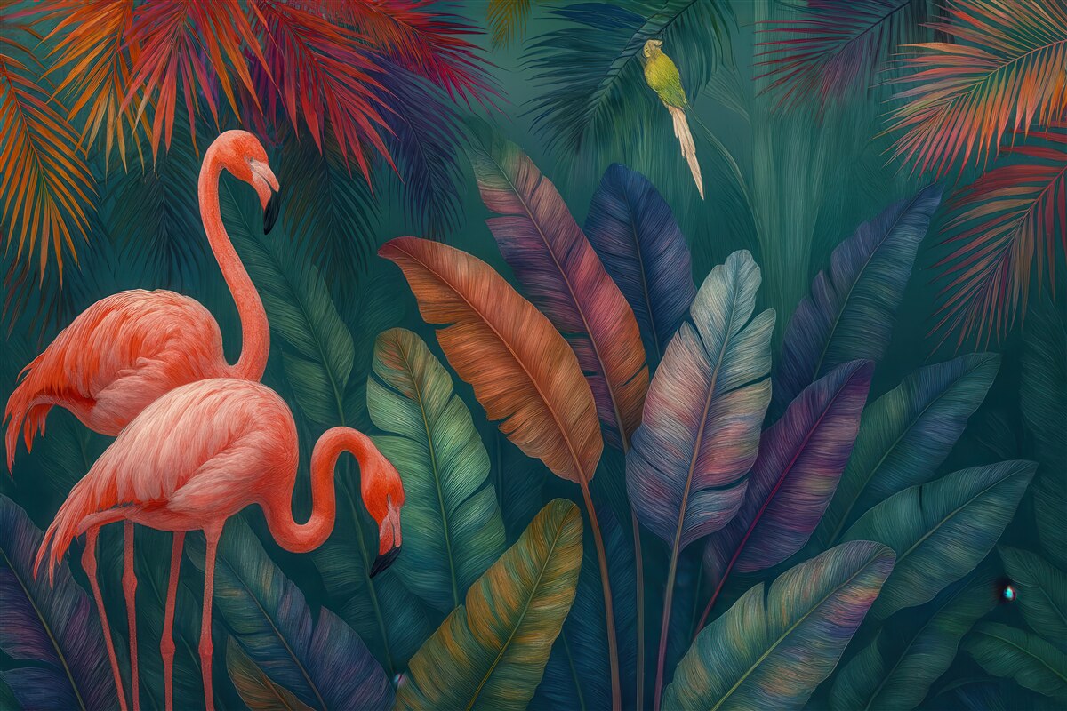 Fototapeta tropikalne flamingi w barwnej dżungli