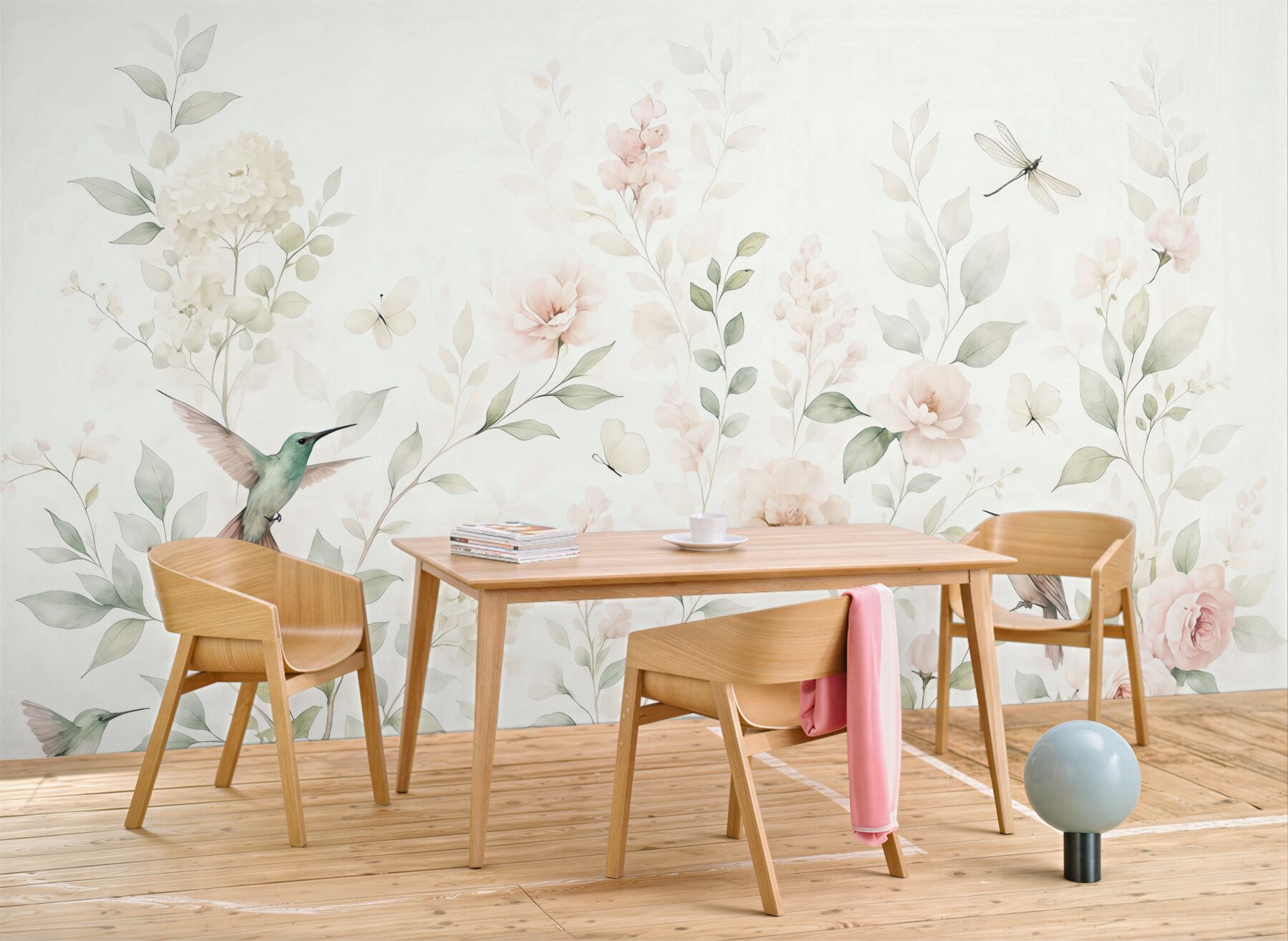 Fototapeta pastelowy ogród z kolibrami
