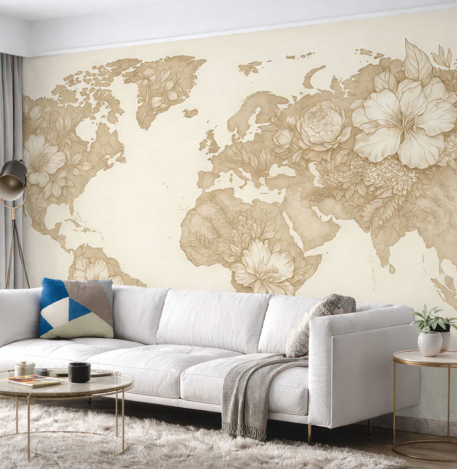 Fototapeta kwiatowa mapa świata w sepii