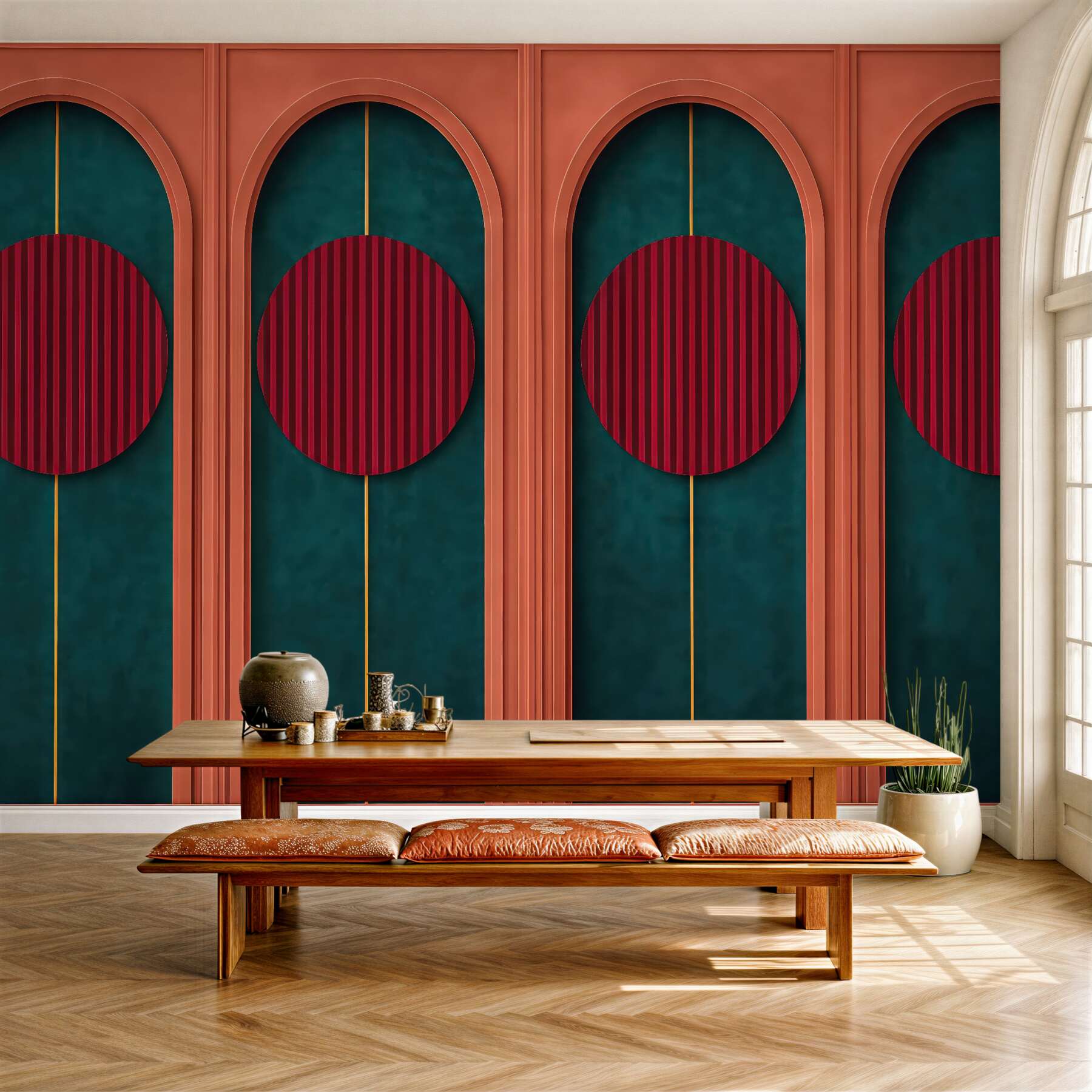 Fototapeta art déco z czerwonymi okręgami