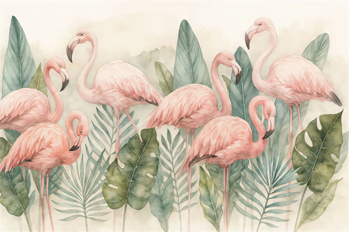 Fototapeta różowe flamingi w tropikalnych liściach