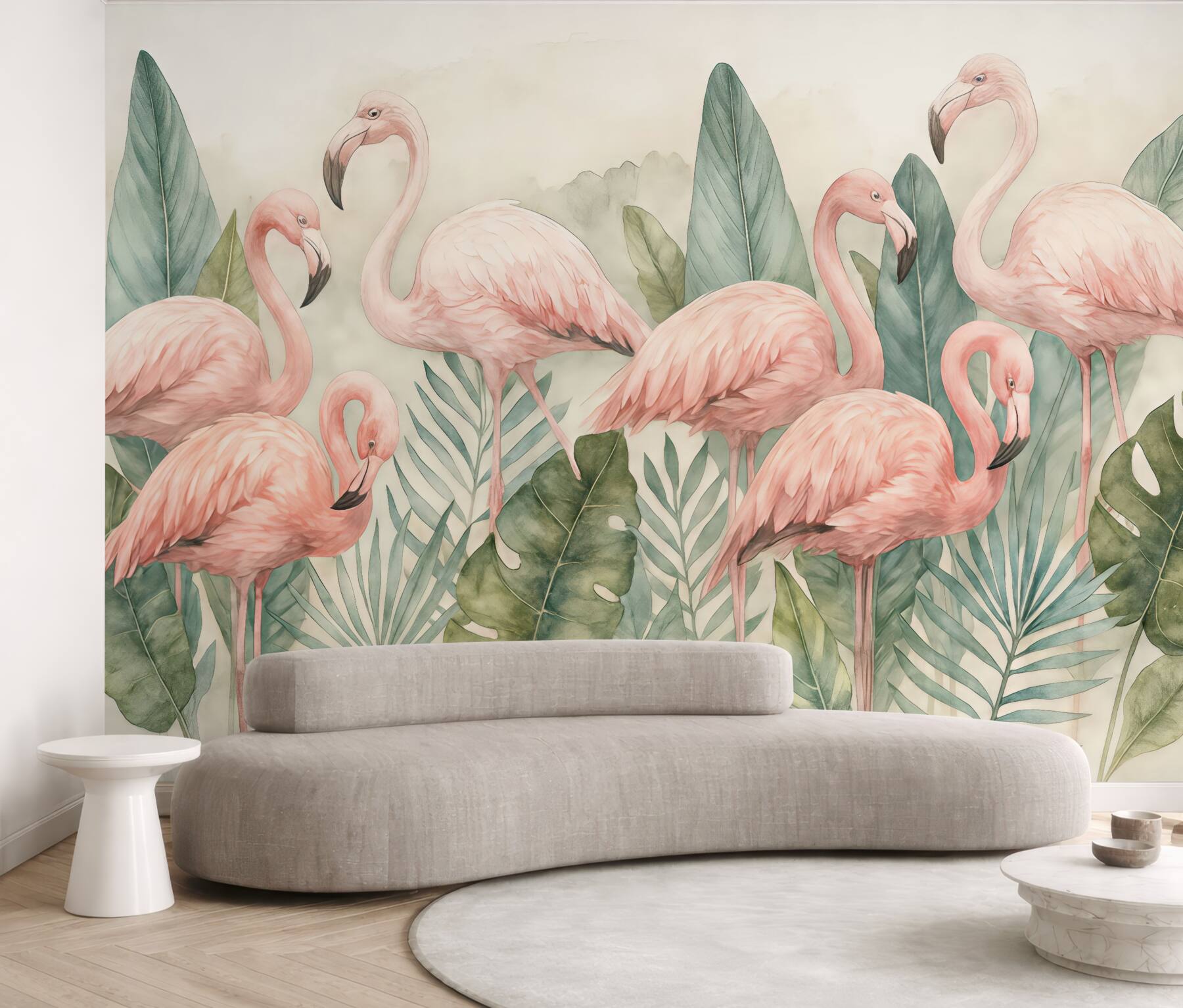Fototapeta różowe flamingi w tropikalnych liściach