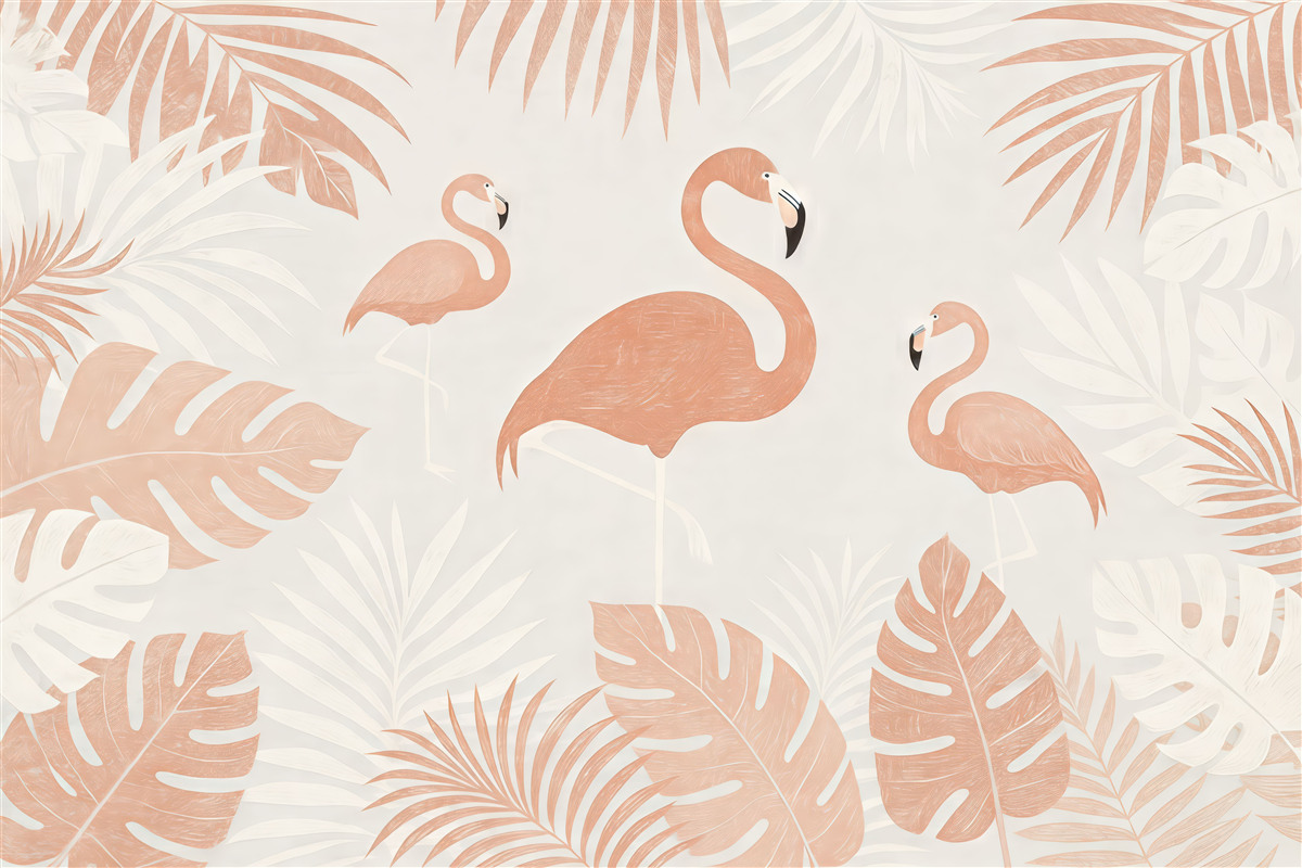 Fototapeta pudrowe flamingi w tropikalnych liściach