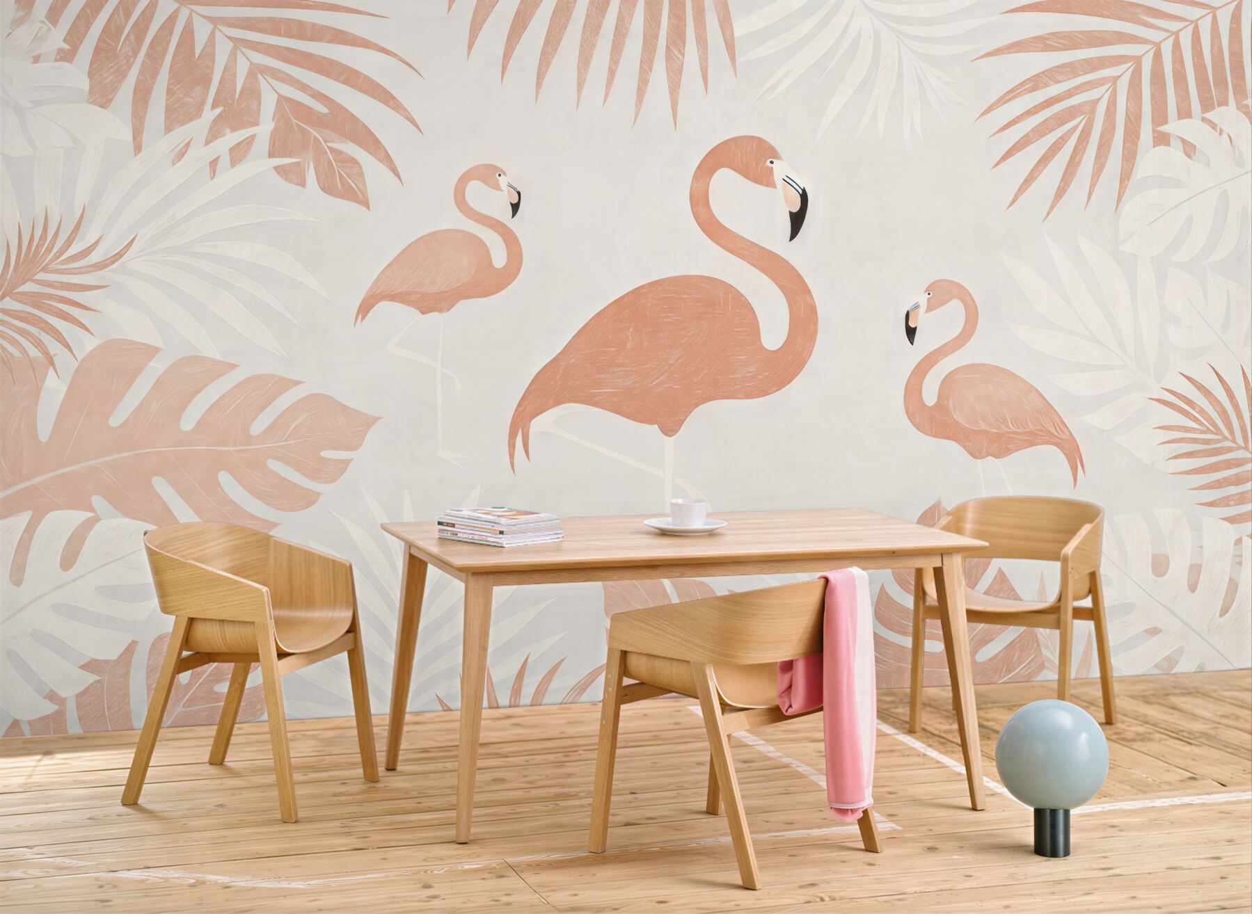 Fototapeta pudrowe flamingi w tropikalnych liściach
