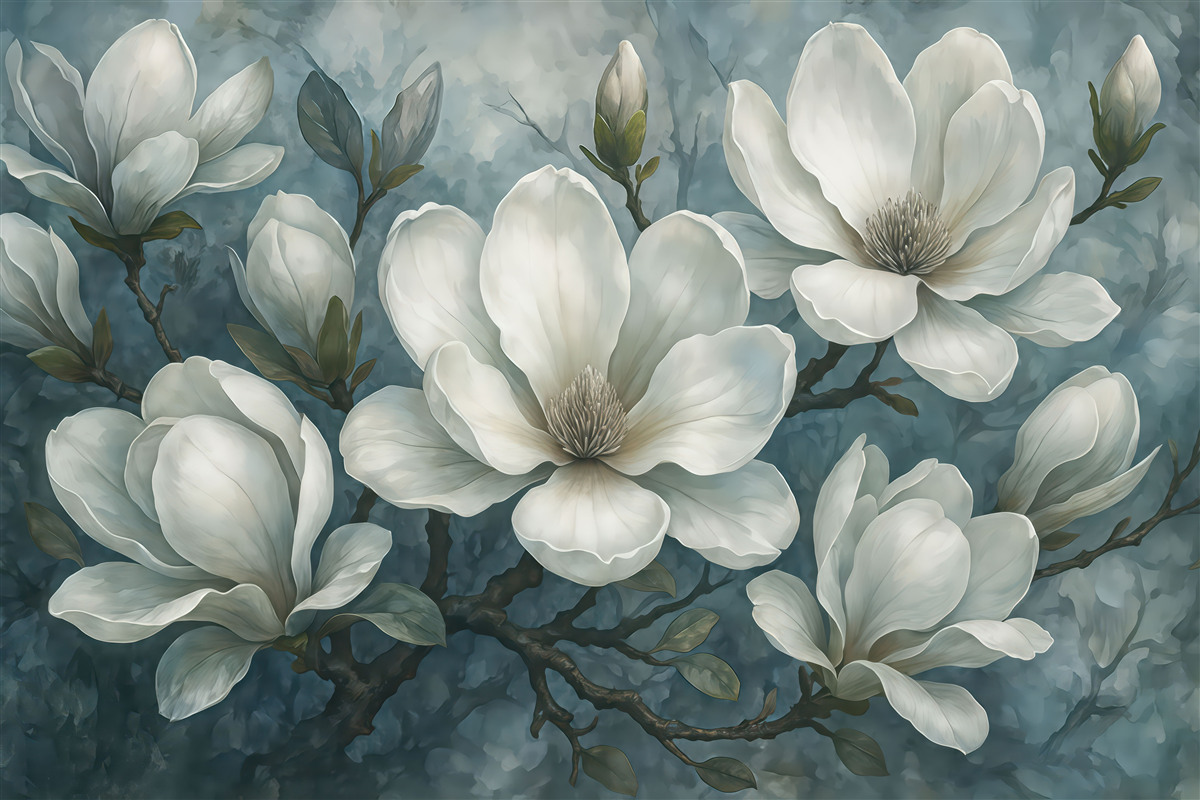 Fototapeta eleganckie białe magnolie w błękicie