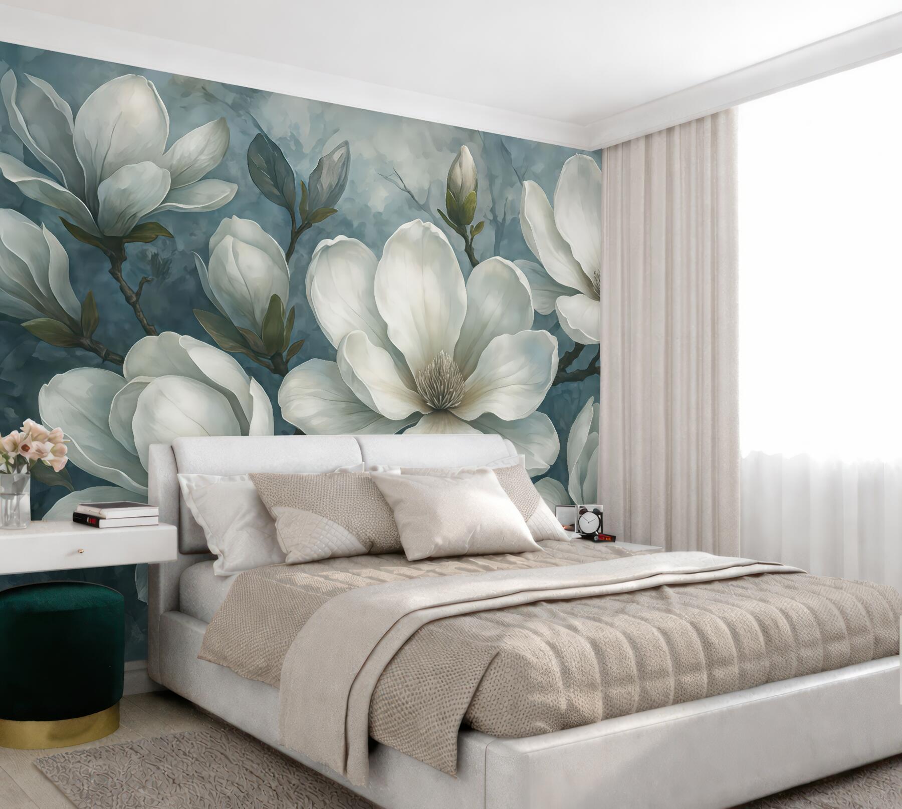 Fototapeta eleganckie białe magnolie w błękicie