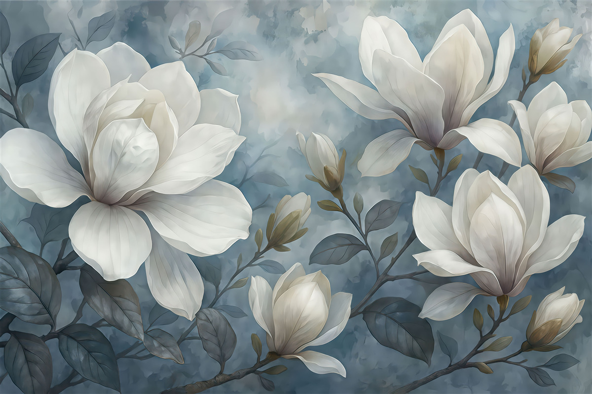 Fototapeta białe magnolie na błękitnym tle
