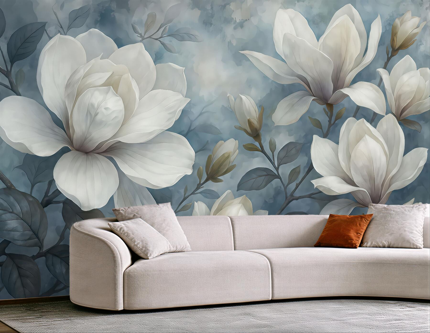 Fototapeta białe magnolie na błękitnym tle