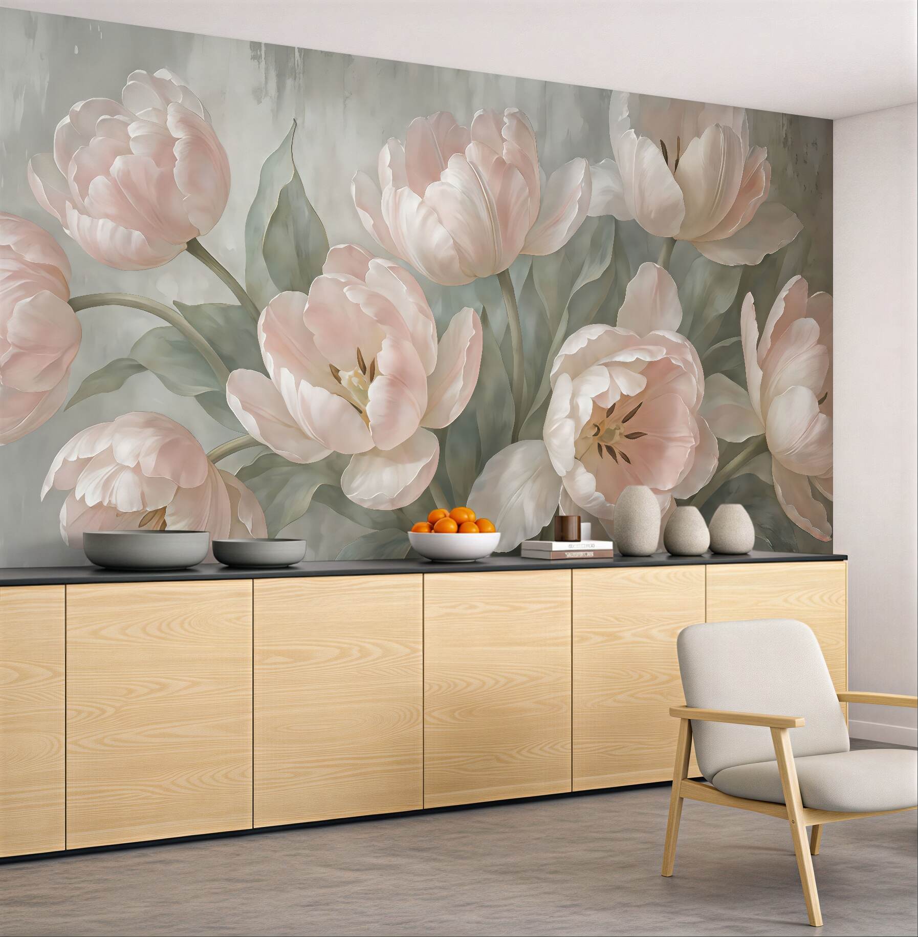 Fototapeta pudrowe tulipany w romantycznym bukiecie