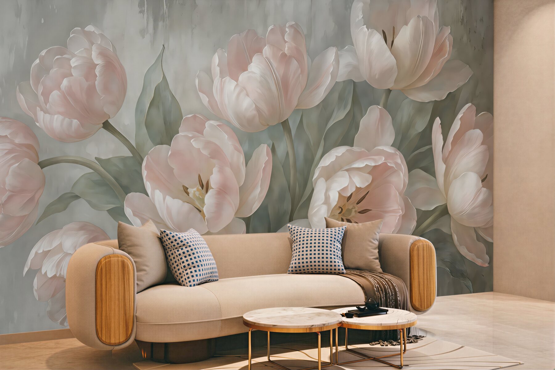 Fototapeta pudrowe tulipany w romantycznym bukiecie