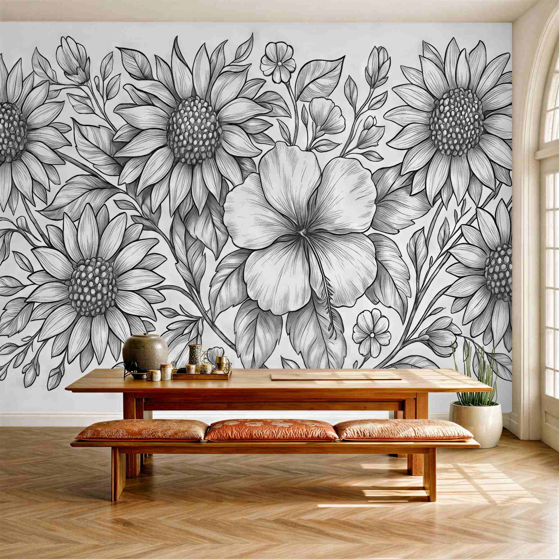 Fototapeta kwiatowy szkic słoneczników i hibiskusa