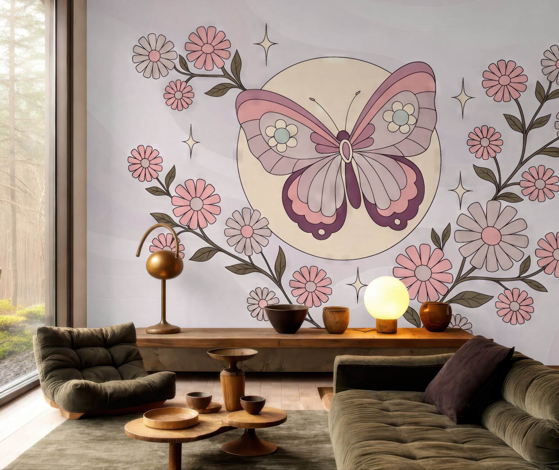 Fototapeta pastelowy motyl wśród kwiatów