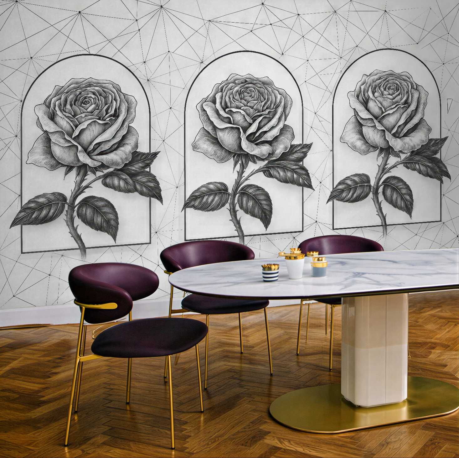 Fototapeta trzy róże w geometrycznych arkadach