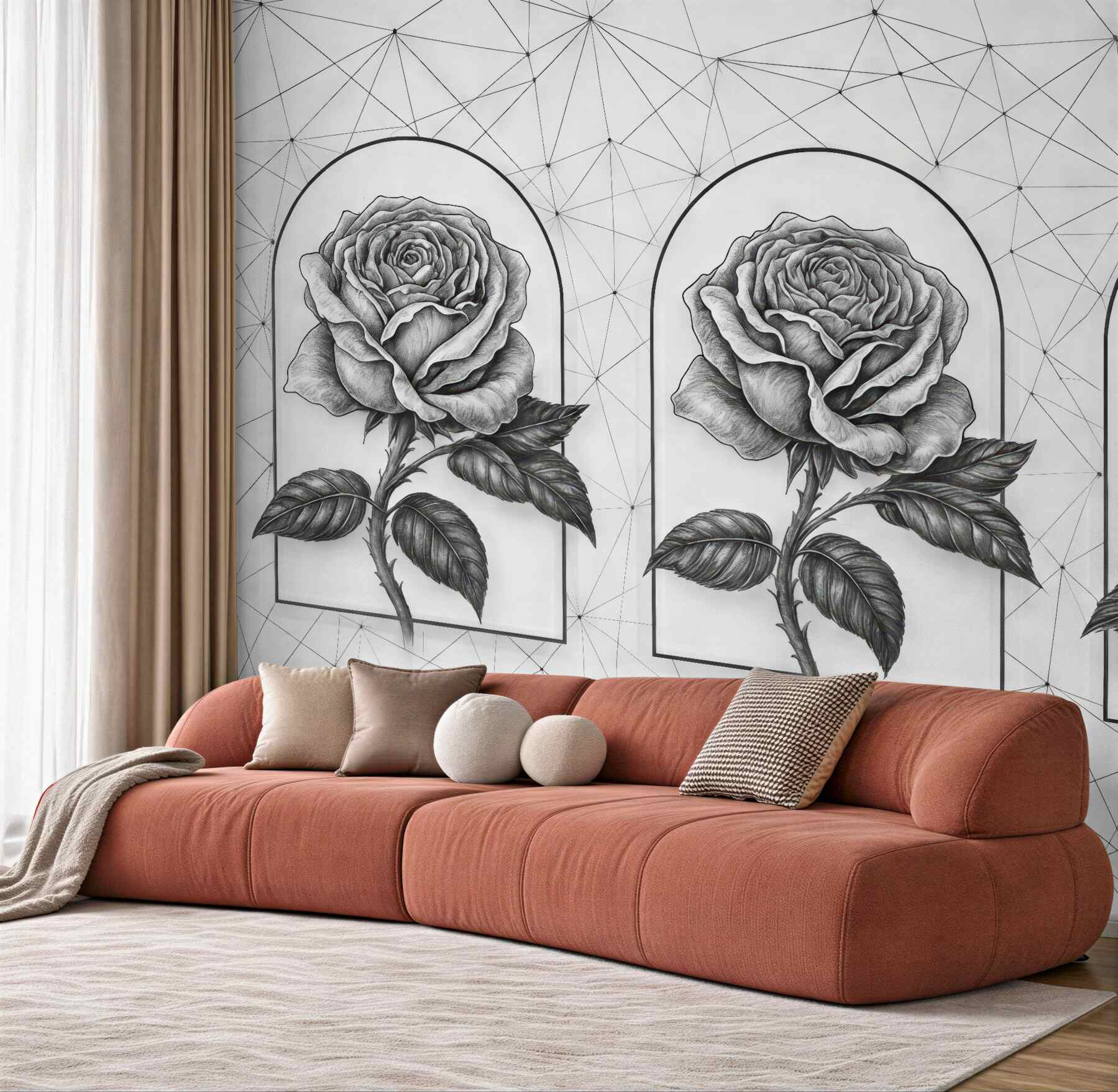 Fototapeta trzy róże w geometrycznych arkadach