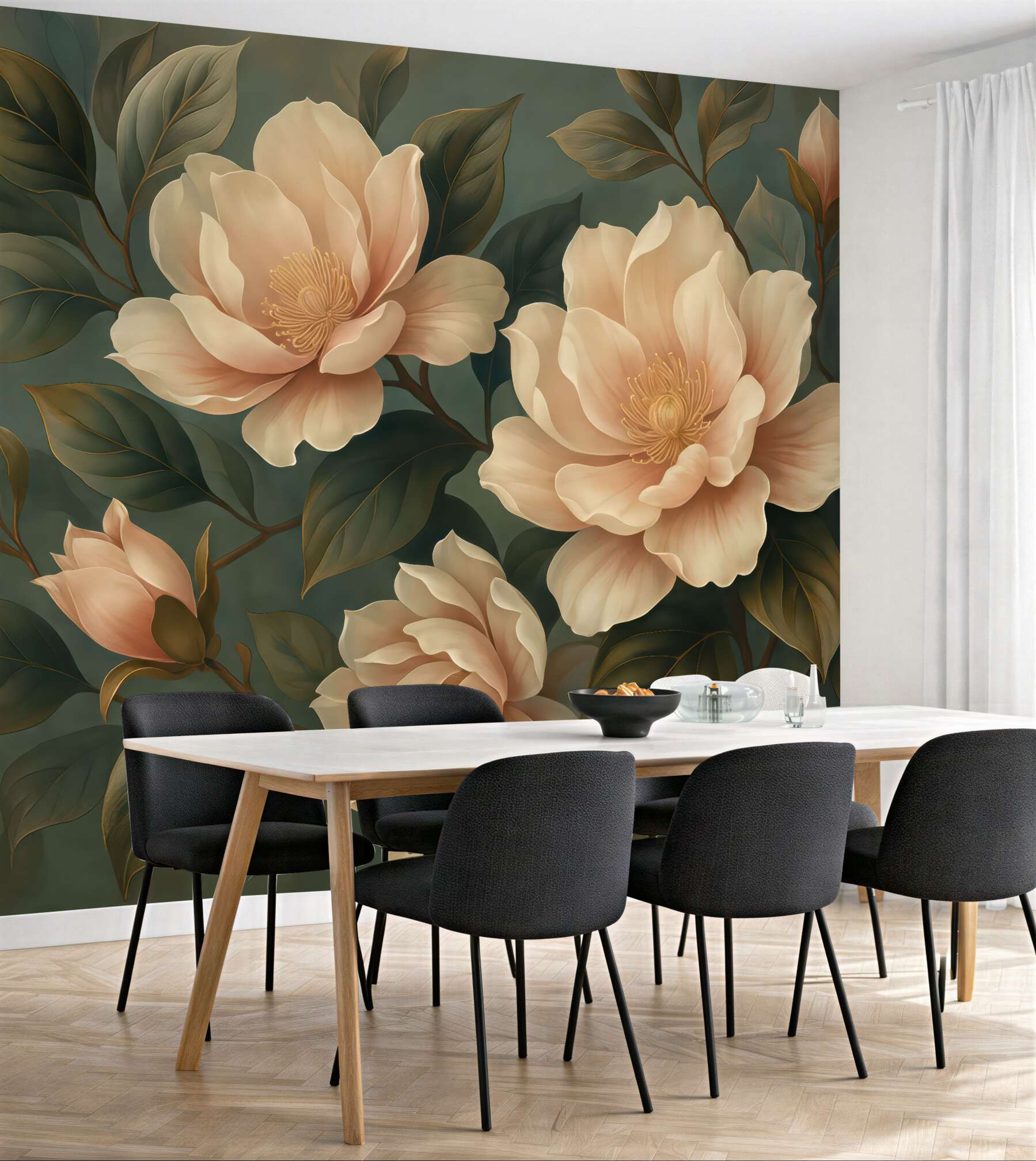 Fototapeta eleganckie magnolie na szmaragdowym tle
