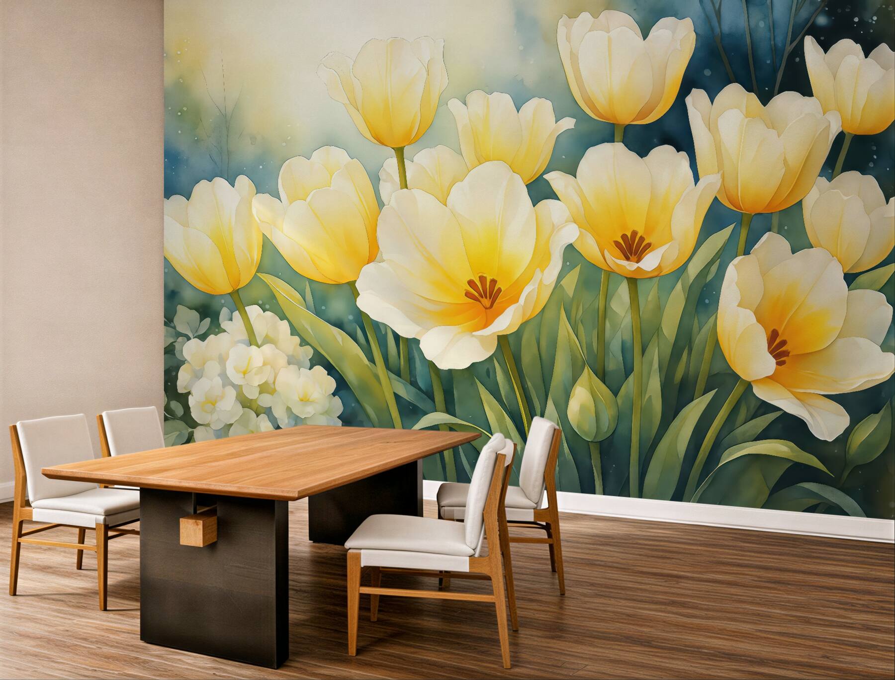 Fototapeta słoneczne tulipany w akwarelowym ogrodzie