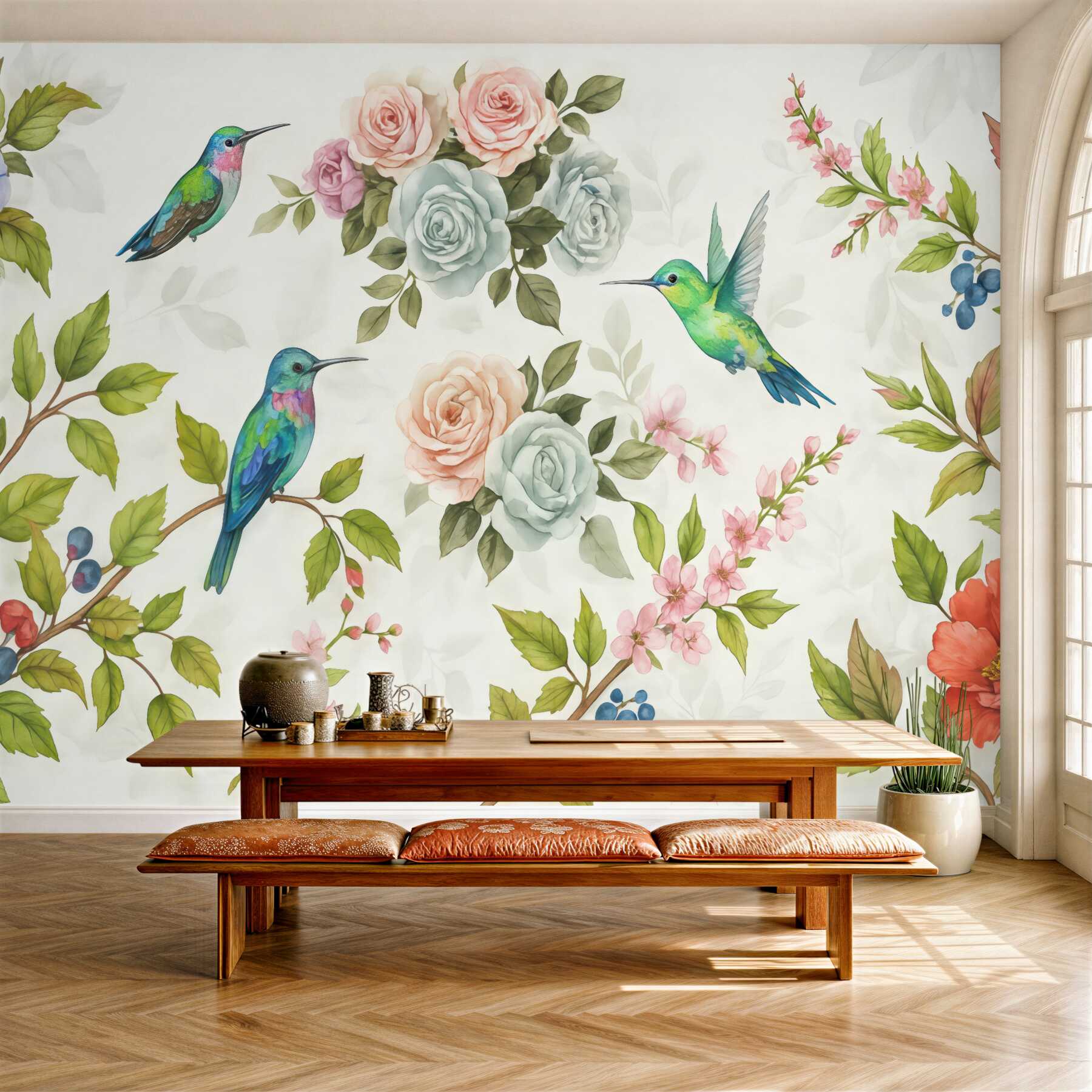 Fototapeta kolibry wśród pastelowych kwiatów