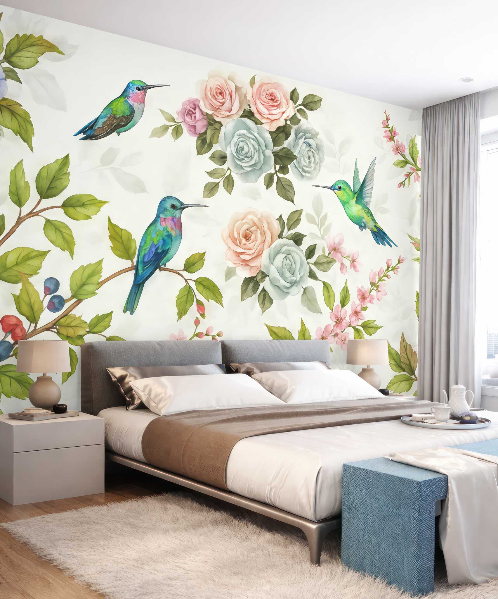 Fototapeta kolibry wśród pastelowych kwiatów